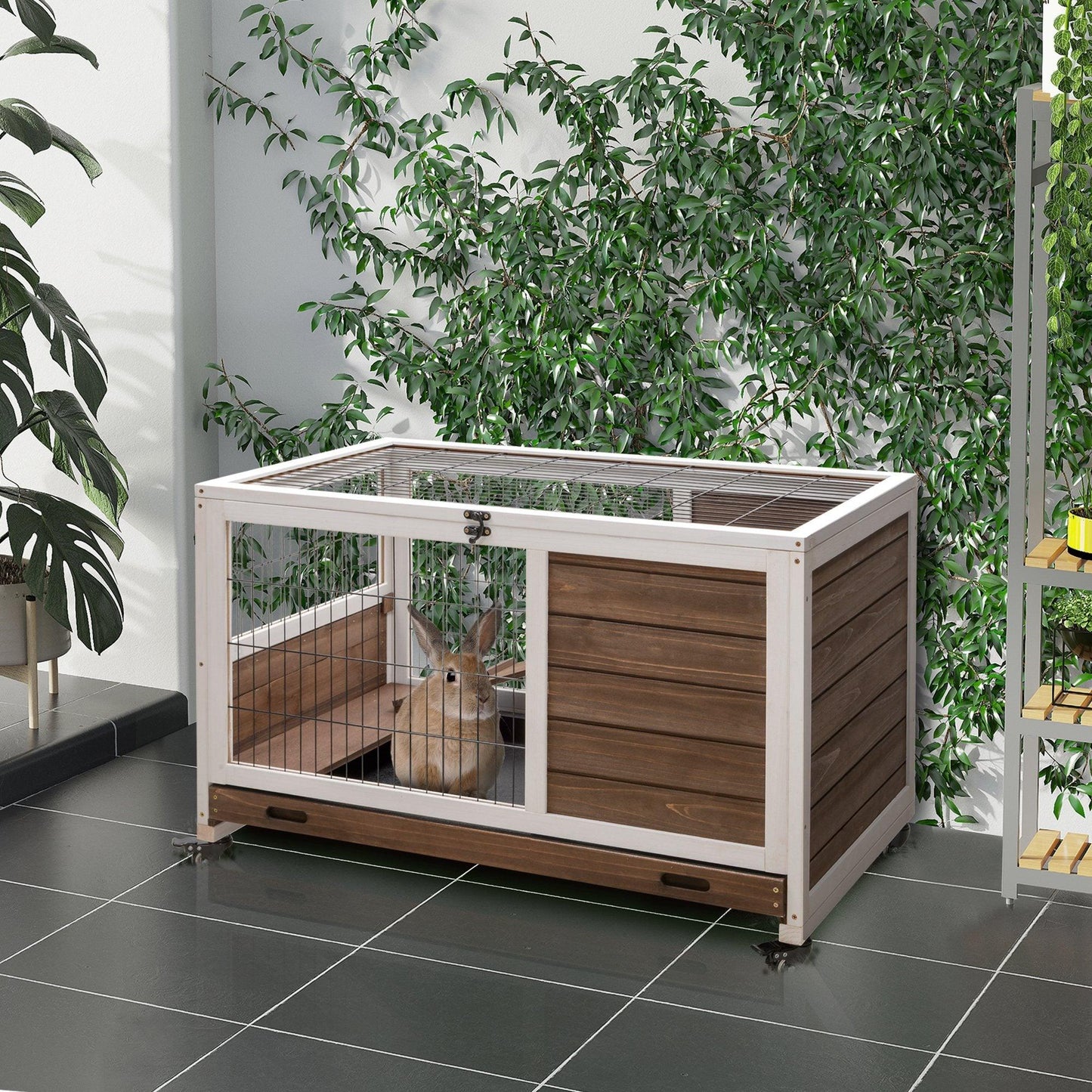 PawHut Wooden Indoor Rabbit Hutch w/ Enclosed Run Brown - ALL4U RETAILER LTD