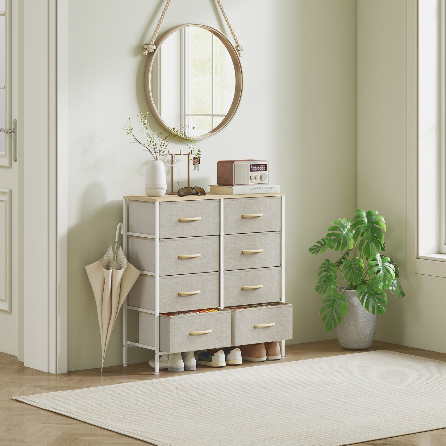 HOMCOM Fabric Chest Of Drawers With 8 Fabric Drawers Steel Frame Maple Wood Top Dresser For Nursery Living Room Hallway