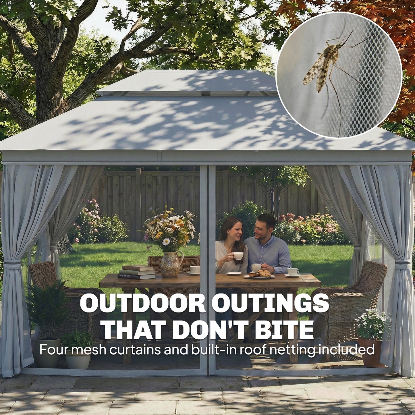 Outsunny 3 x 4 m Outdoor Garden Gazebo With Netting And Curtains UPF50 Plus Permanent Pavilion Canopy Dark Grey