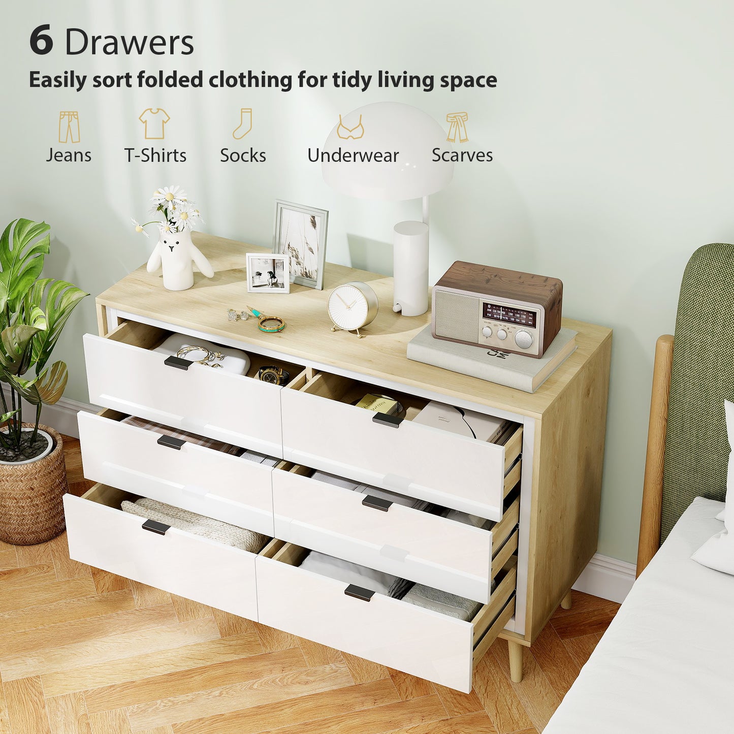 HOMCOM White High Gloss Chest of Drawers with Six Drawers and Five Legs for Bedroom