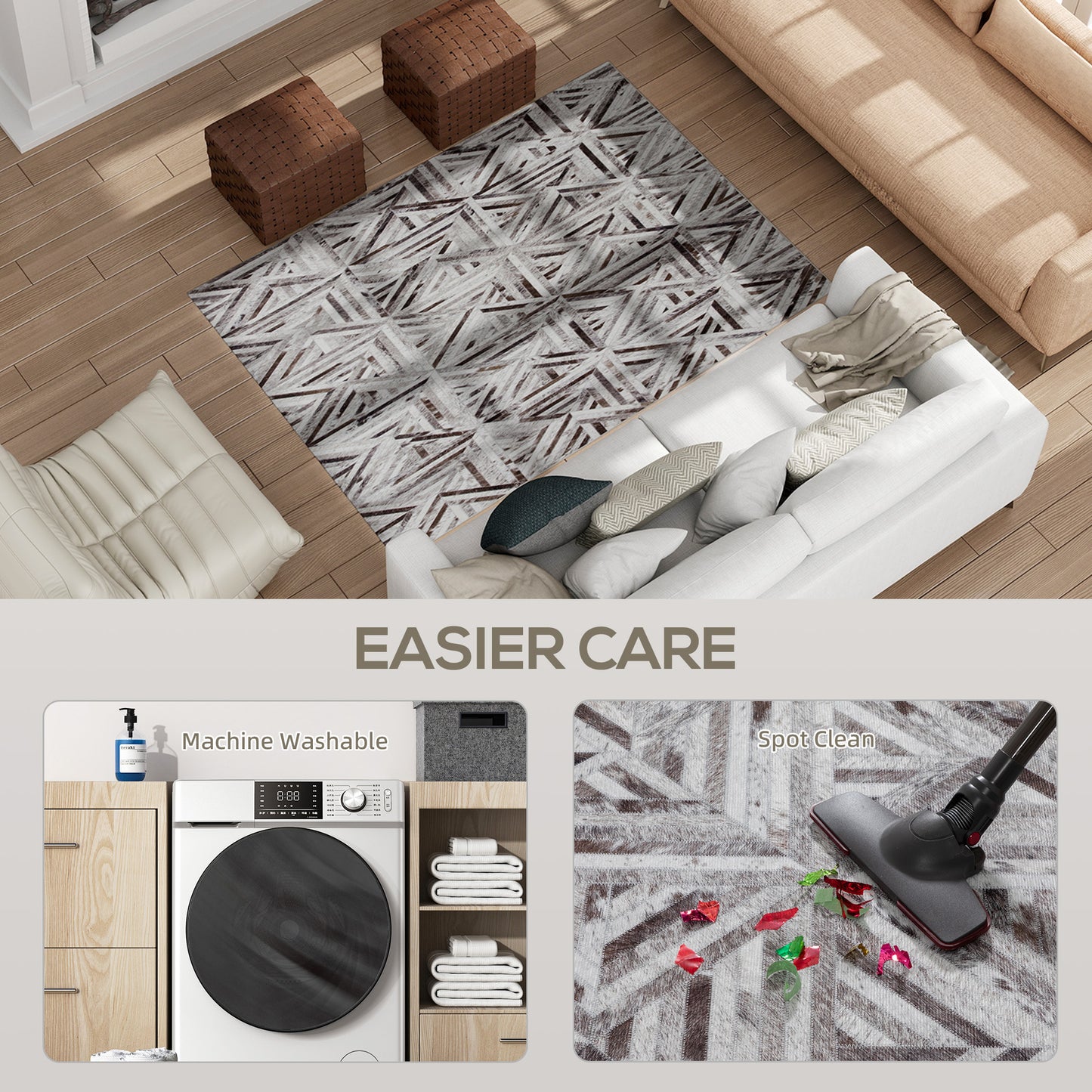 HOMCOM Modern Area Rug Triangle Pattern Patchwork Non Slip Washable 170x120 cm Brown For Living Room Bedroom