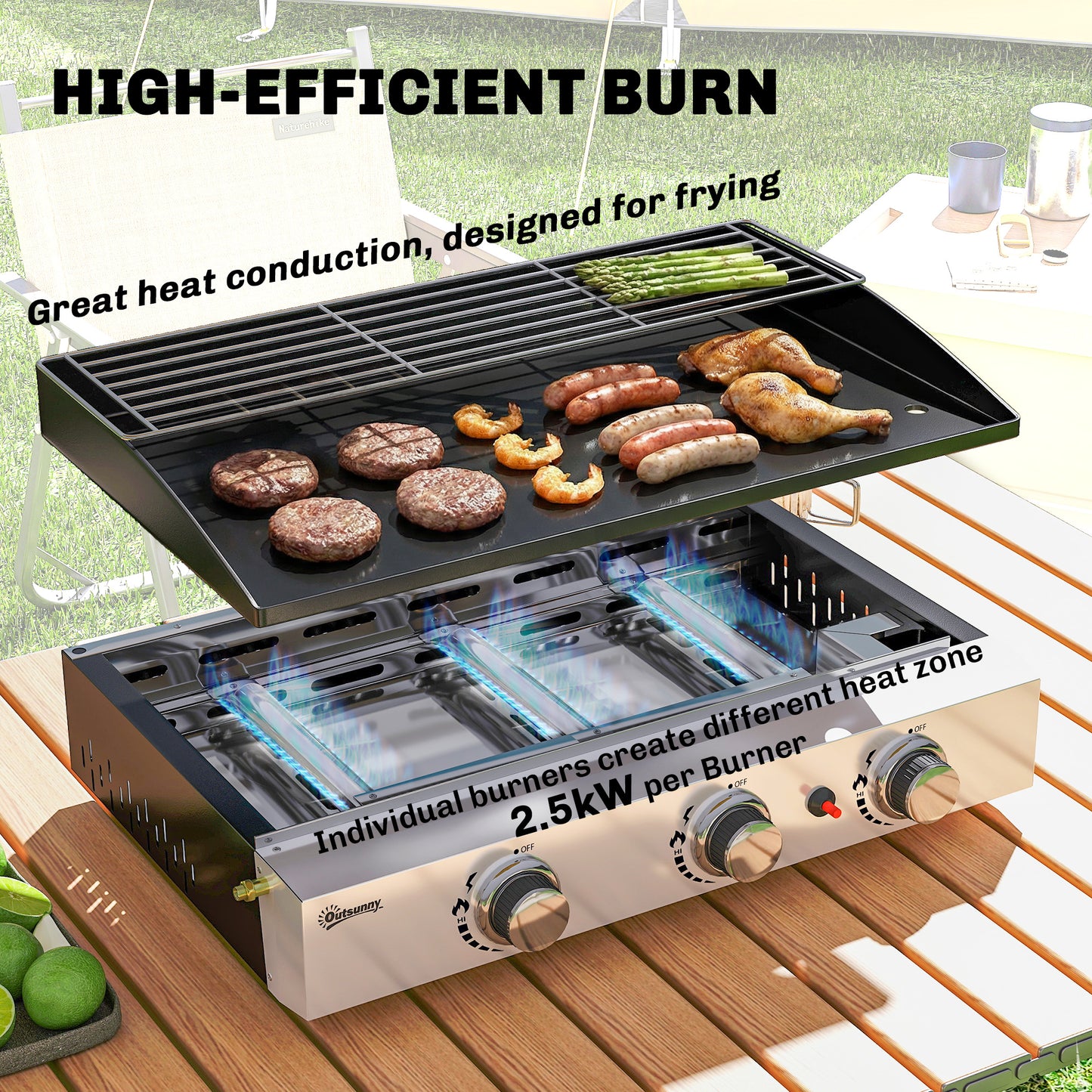 Outsunny 3 Burner Gas Grill Griddle Portable Plancha With Warming Rack And Grease Cup 7.5 Kilowatt Tabletop Black