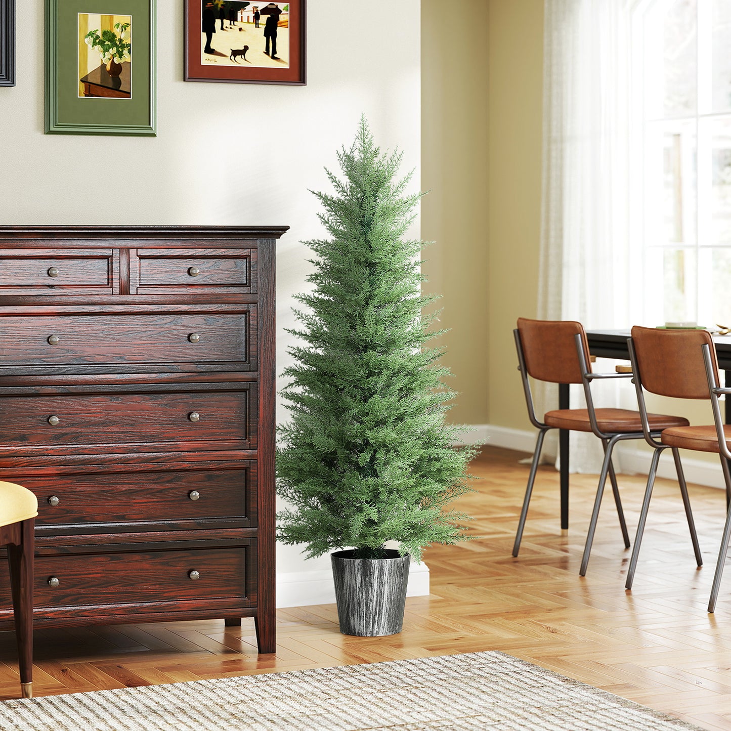 HOMCOM 135cm Artificial Cypress Trees Set Of 2 With Decorative Pots For Indoor Outdoor Decor Green UV Resistant