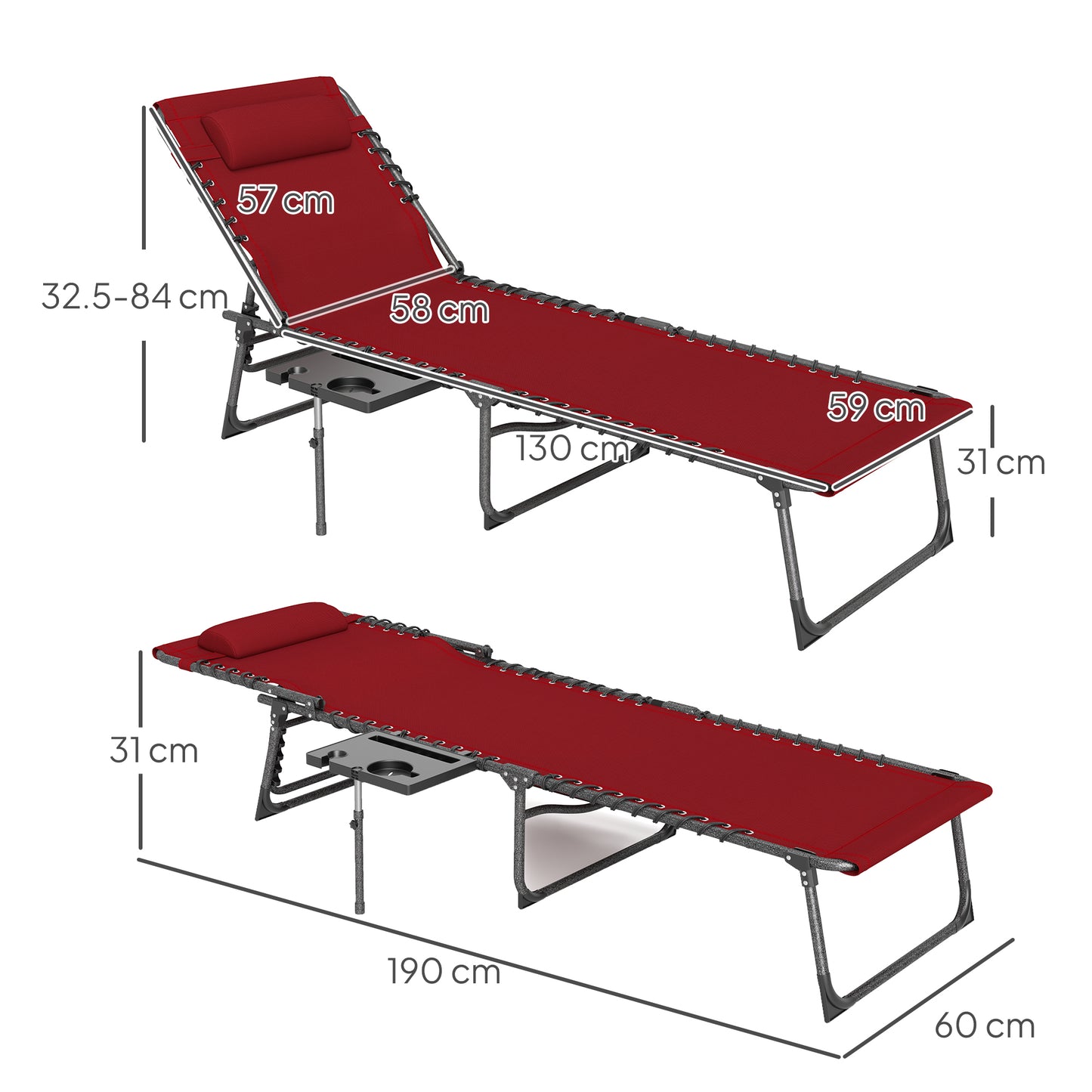 Outsunny Five Position Reclining Sun Lounger in Red With Powder Coated Steel Frame and Removable Pillow