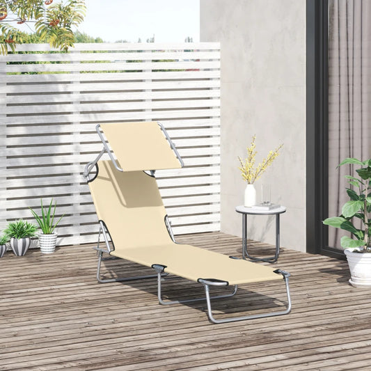 Outsunny Outdoor Foldable Sun Lounger | 4-Level Adjustable Backrest Reclining Sun Lounger Chair with Angle Adjust Sun Shade Awning | for Beach, Garden, Patio | Beige