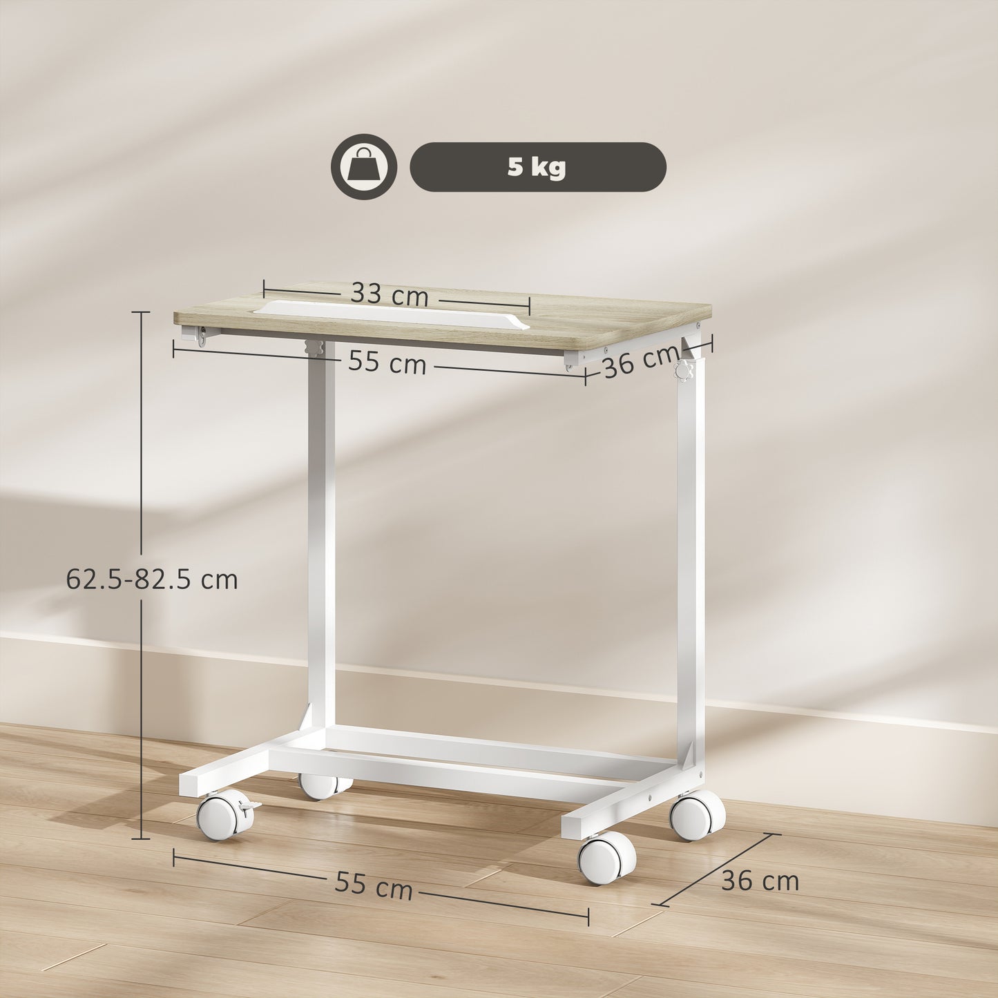 HOMCOM C Shaped Sofa Side Table Height Adjustable Overbed Table With Tilting Desktop Mobile Laptop Desk Oak And White