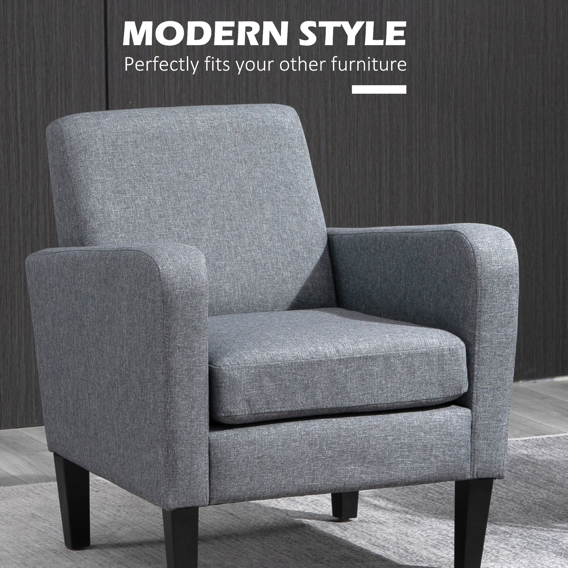 HOMCOM Set of 2 Modern Upholstered Armchairs with Rubber Wood Legs for Living Room and Bedroom - Grey Accent Chairs - ALL4U RETAILER LTD