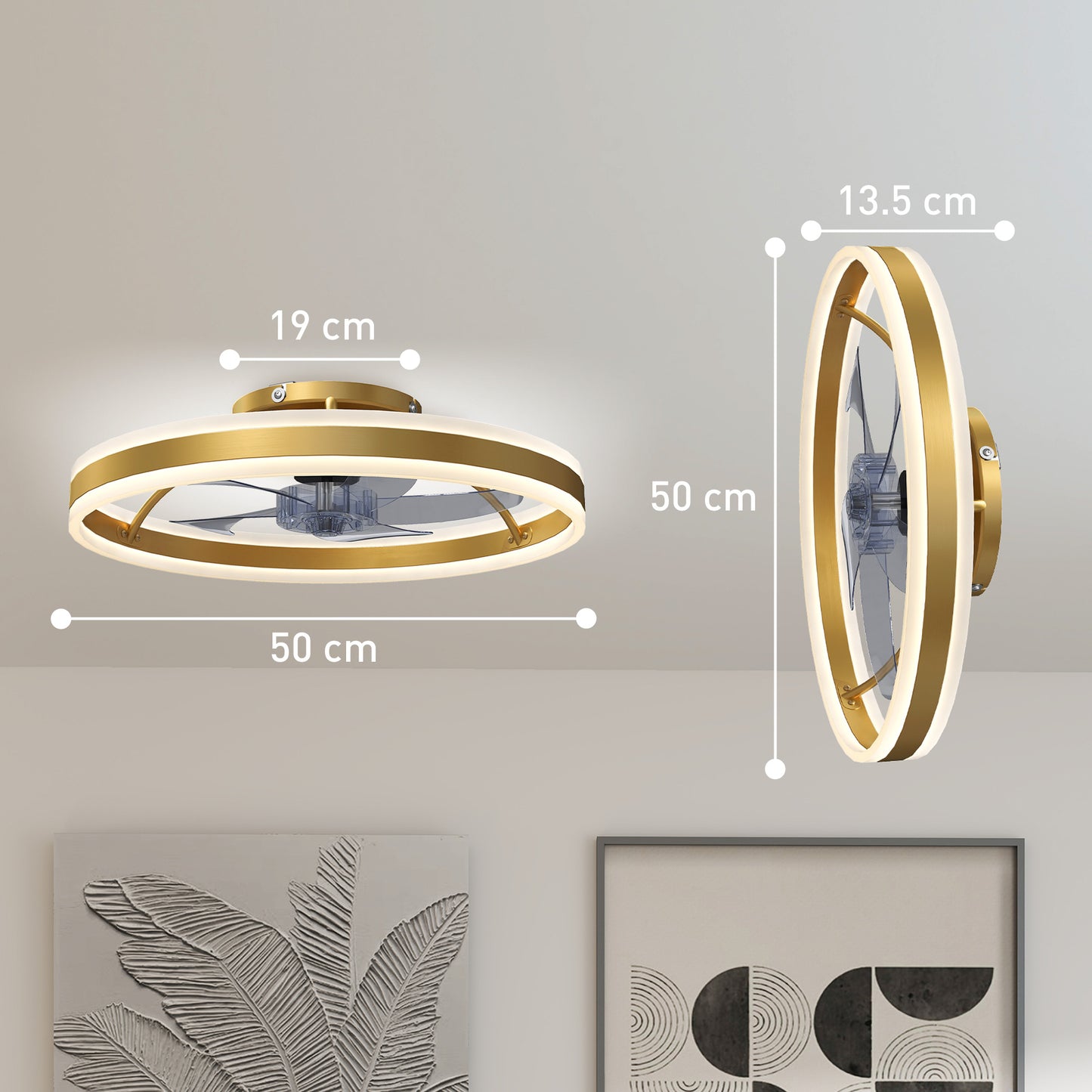 HOMCOM Ceiling Fan With Light And Remote LED Mount Three Colour Temperatures Six Speed 50 cm Gold Tone