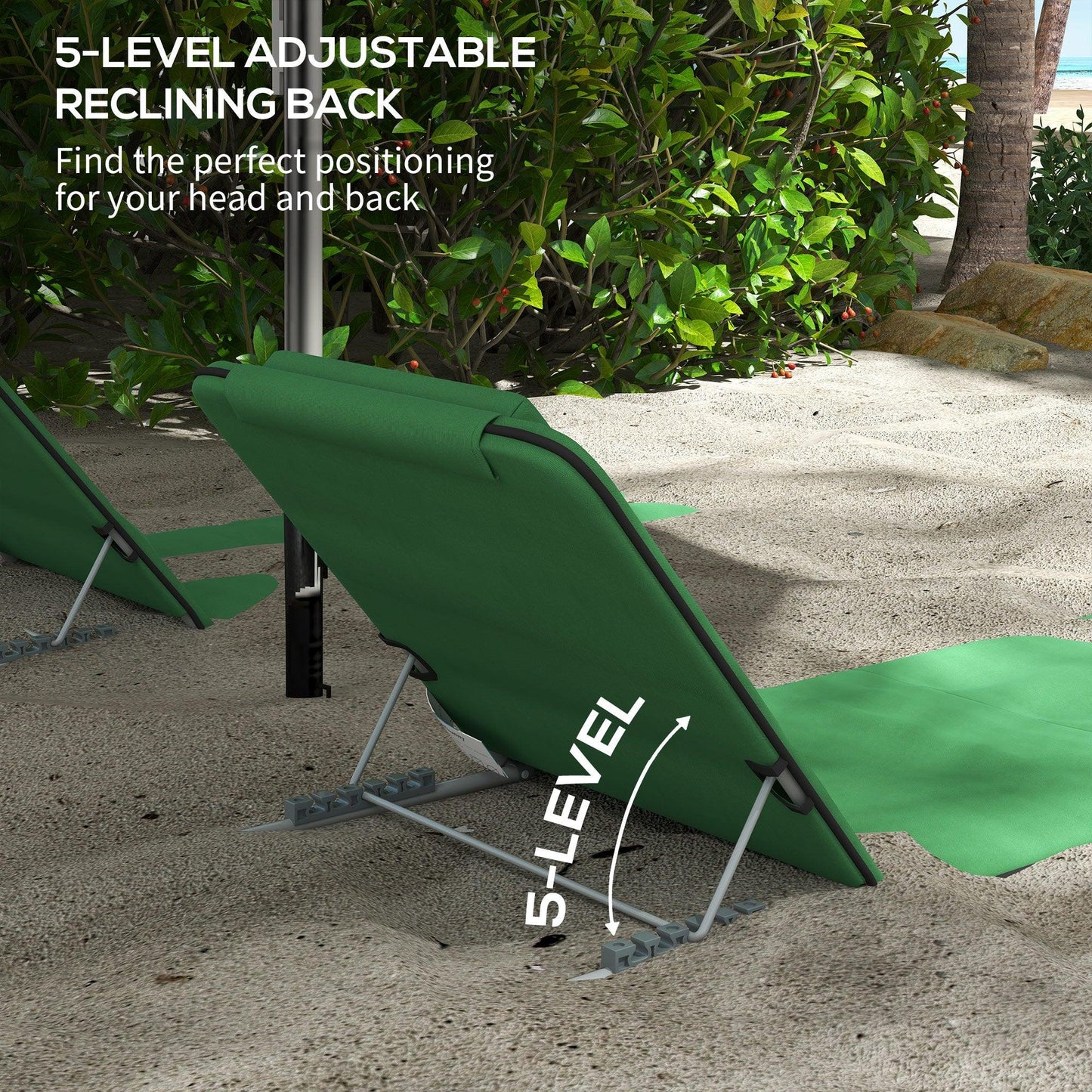 Outsunny Metal Frame PE Fabric 2 Pieces Outdoor Beach Reclining Chair Set w/ Pillow Green - ALL4U RETAILER LTD