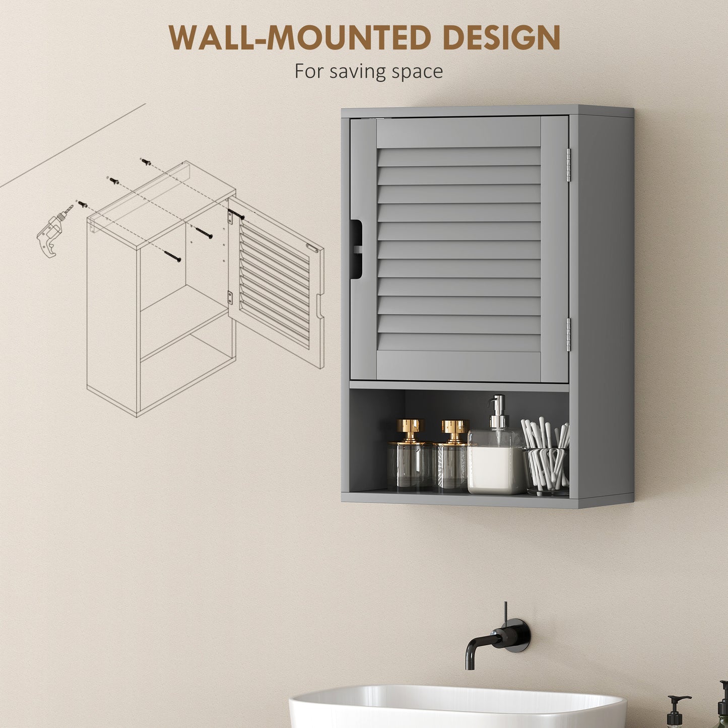 HOMCOM Wall Mounted Bathroom Cabinet Grey With Adjustable Shelves 40 x 20 x 60 cm