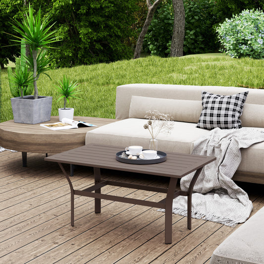 Outsunny Metal Garden Coffee Table 91.5 x 55 x 45 cm Slatted Top Weatherproof Outdoor Side Table Brown