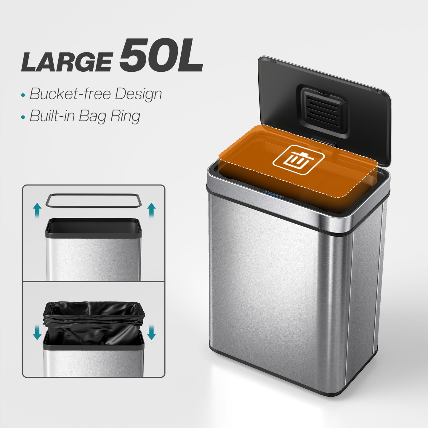 HOMCOM 50 L Sensor Bin with Soft-Close Lid, Fingerprint-Proof Stainless Steel, Silver Tone, Touchless Operation