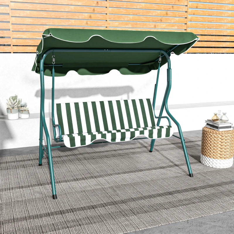 Outsunny 3 Seater Garden Swing Seat Chair Outdoor Bench with Adjustable Canopy and Metal Frame - Green Stripes | Patio Swing for Relaxation and Comfort - ALL4U RETAILER LTD