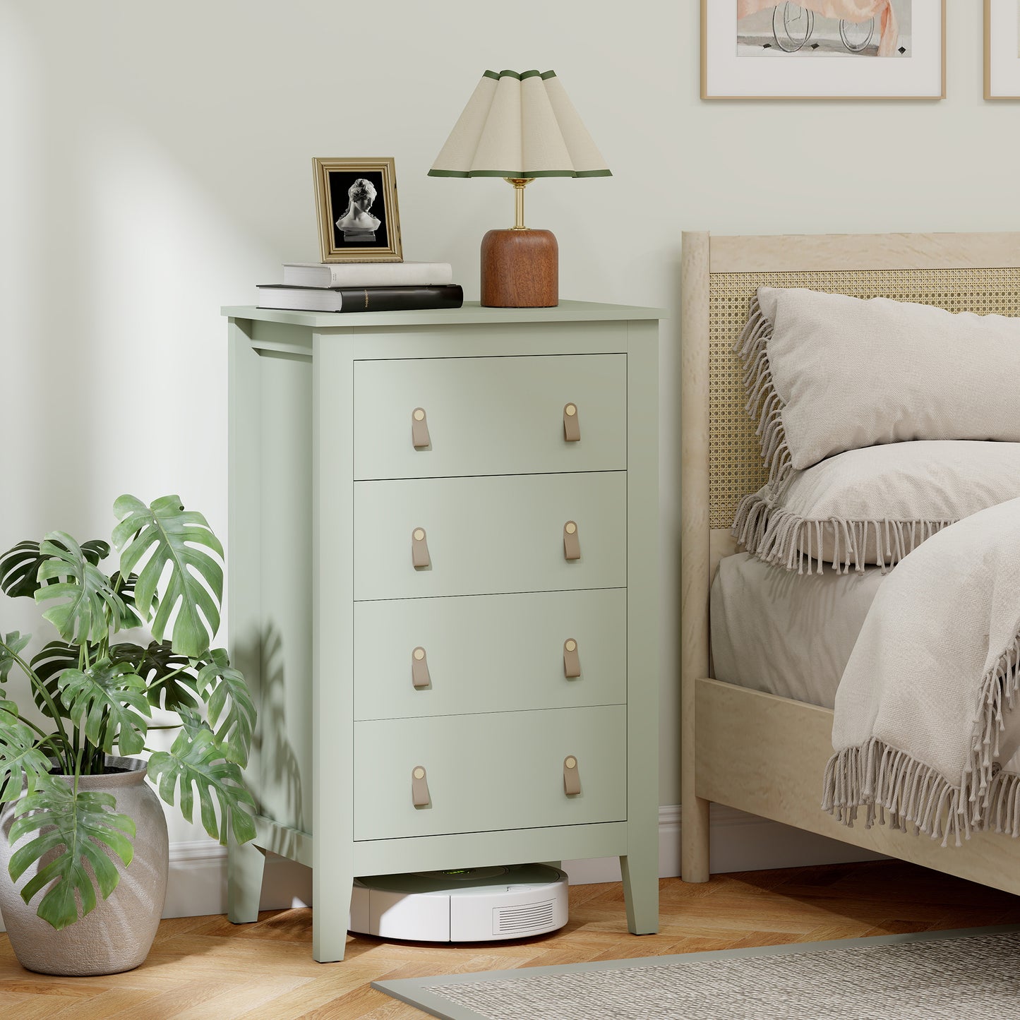 HOMCOM Modern 4 Drawer Dresser Cabinet For Living Room With PU Leather Handles And Metal Runners 60 X 40 X 98 Cm Green