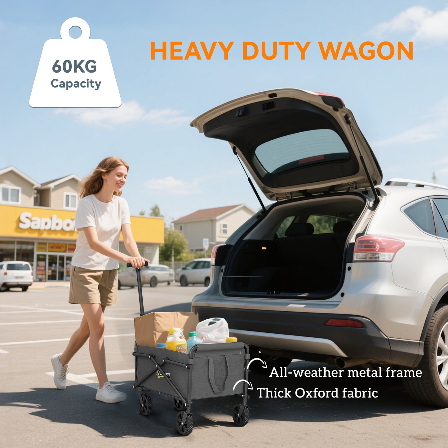 Outsunny 41L Trolley On Wheels, 60kg Heavy Duty Collapsible Folding Wagon With Adjustable Handle And Carry Bag Grey