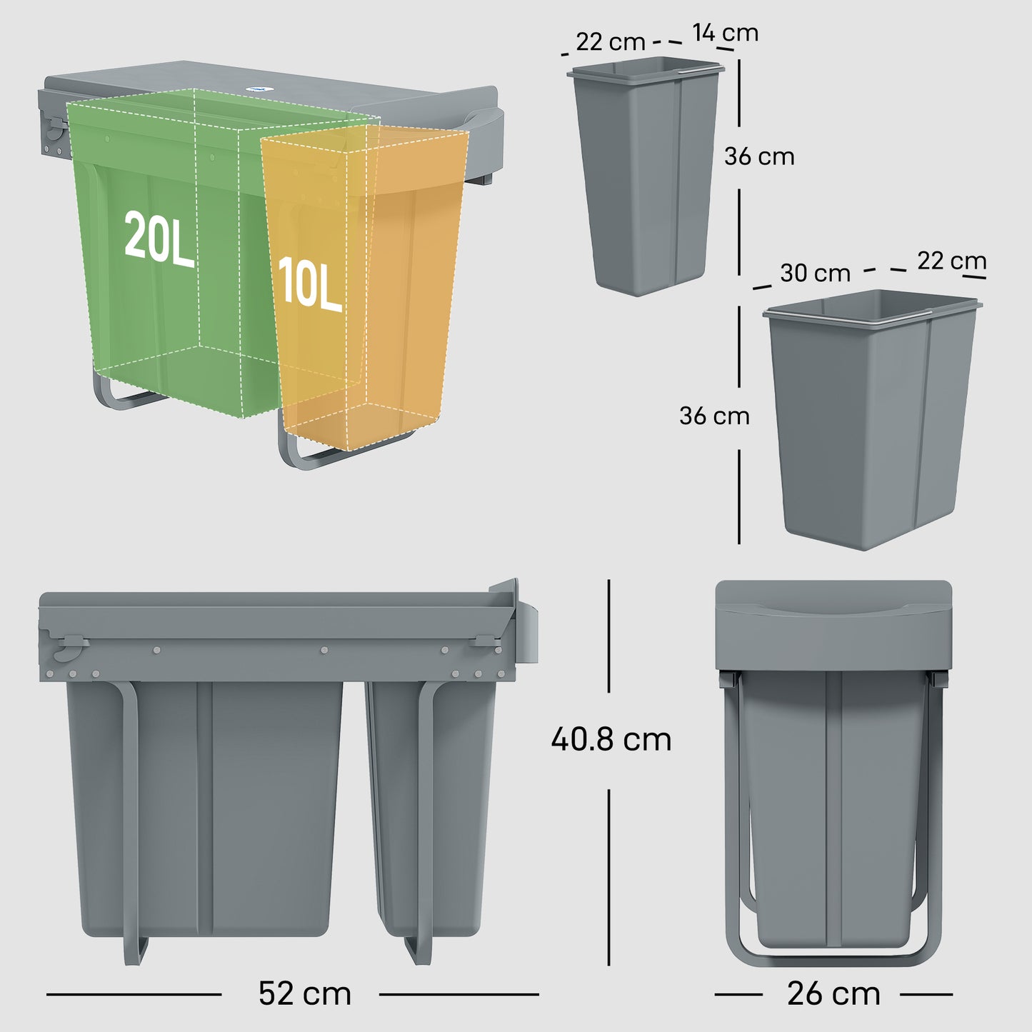 HOMCOM 2 Bin Under Sink Kitchen Trash Bin With Dual 20L And 10L Compartments Removable Bins Diamond Pattern Lid Gray