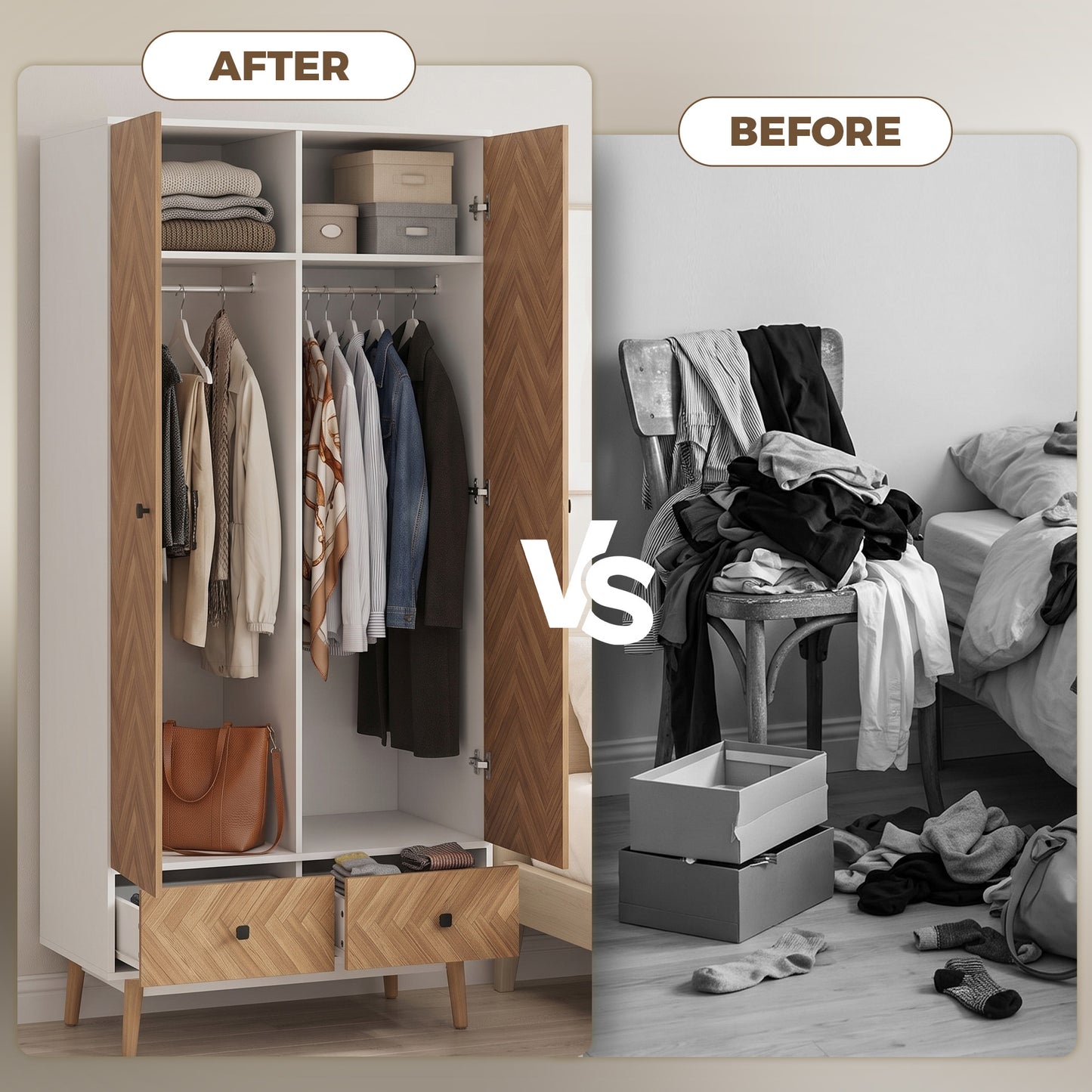 HOMCOM White Wood Effect Wardrobe Cabinet With 2 Hanging Rods 2 Storage Shelves And 2 Drawers