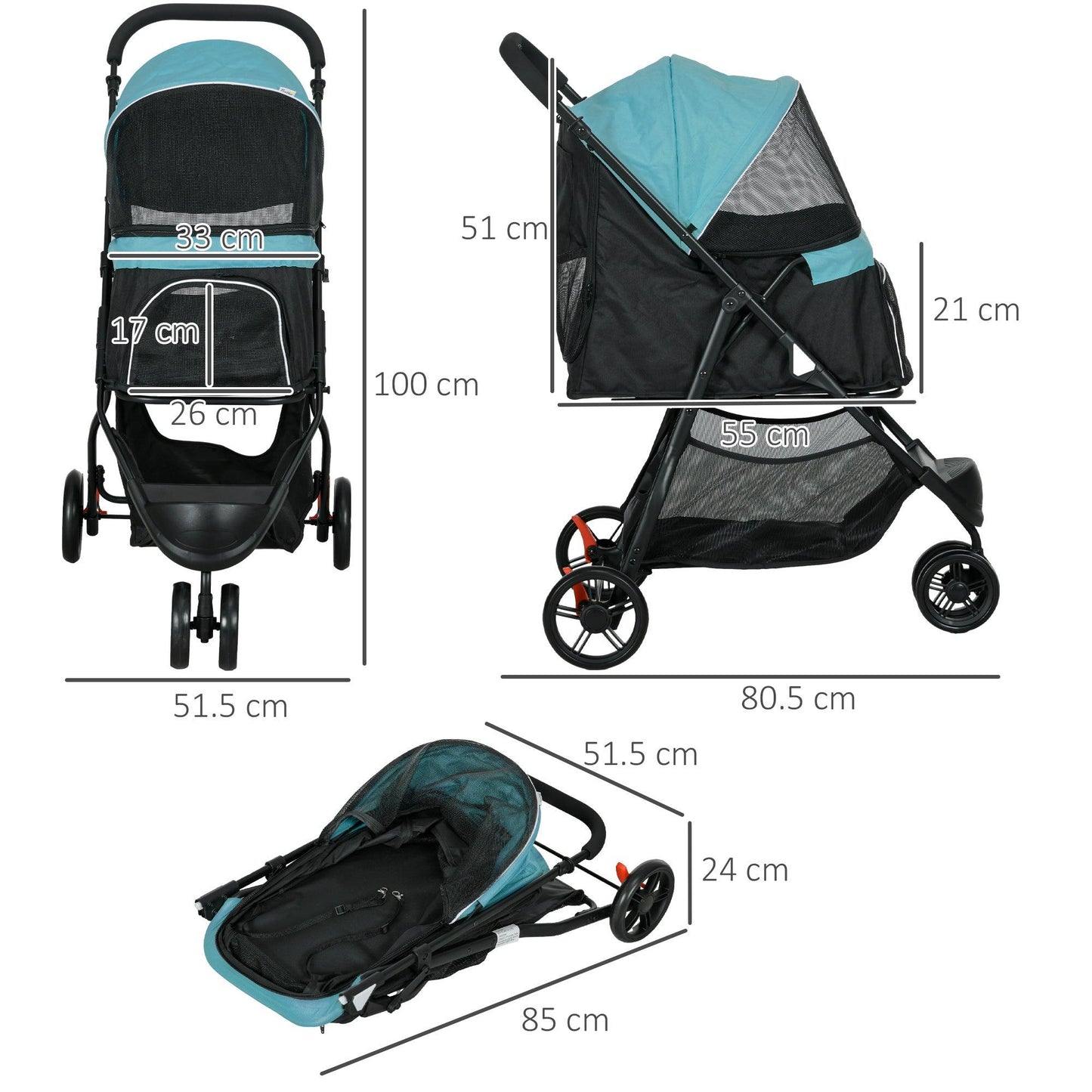 PawHut Foldable Pet Stroller with Rain Cover for XS and S-Sized Dogs Dark Green - ALL4U RETAILER LTD