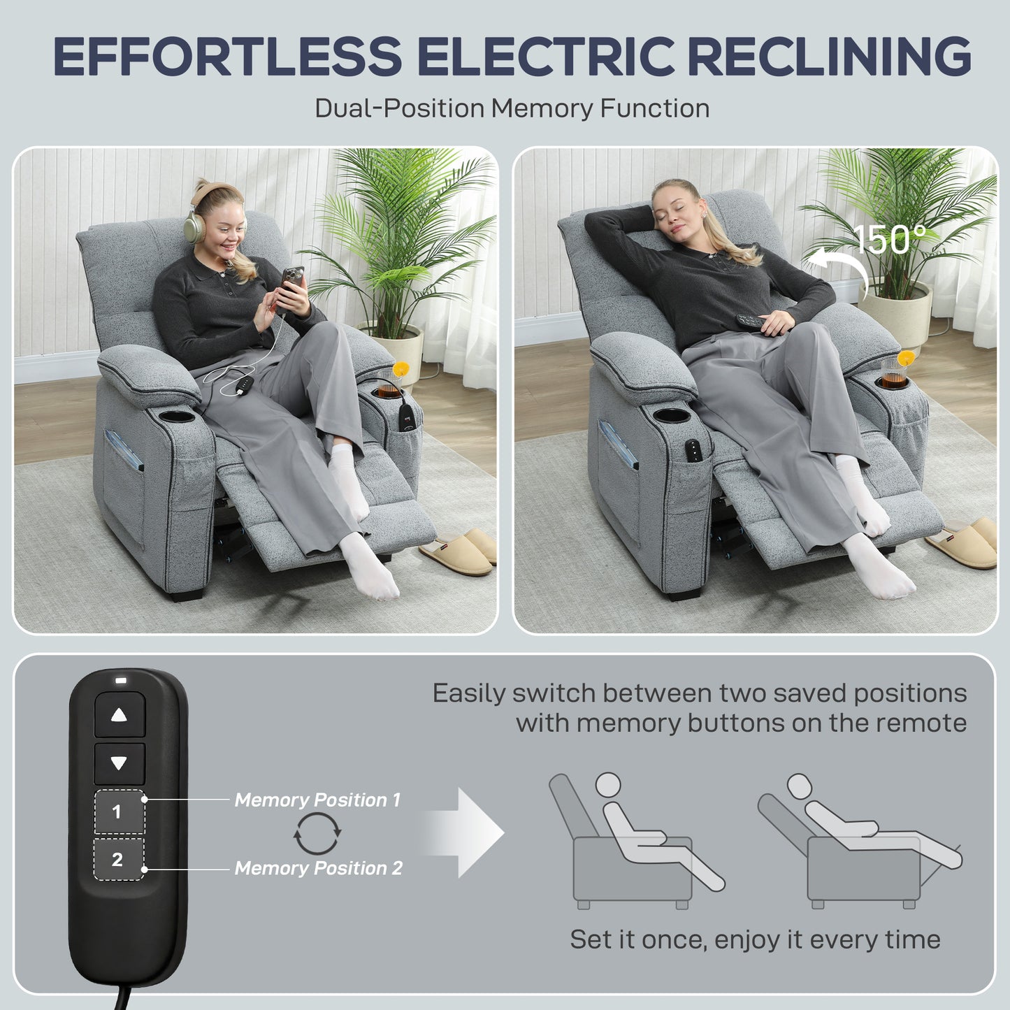 HOMCOM Electric Massage Recliner Armchair With Heat And Vibration Quiet Motor Memory Function Velvet Chair With USB