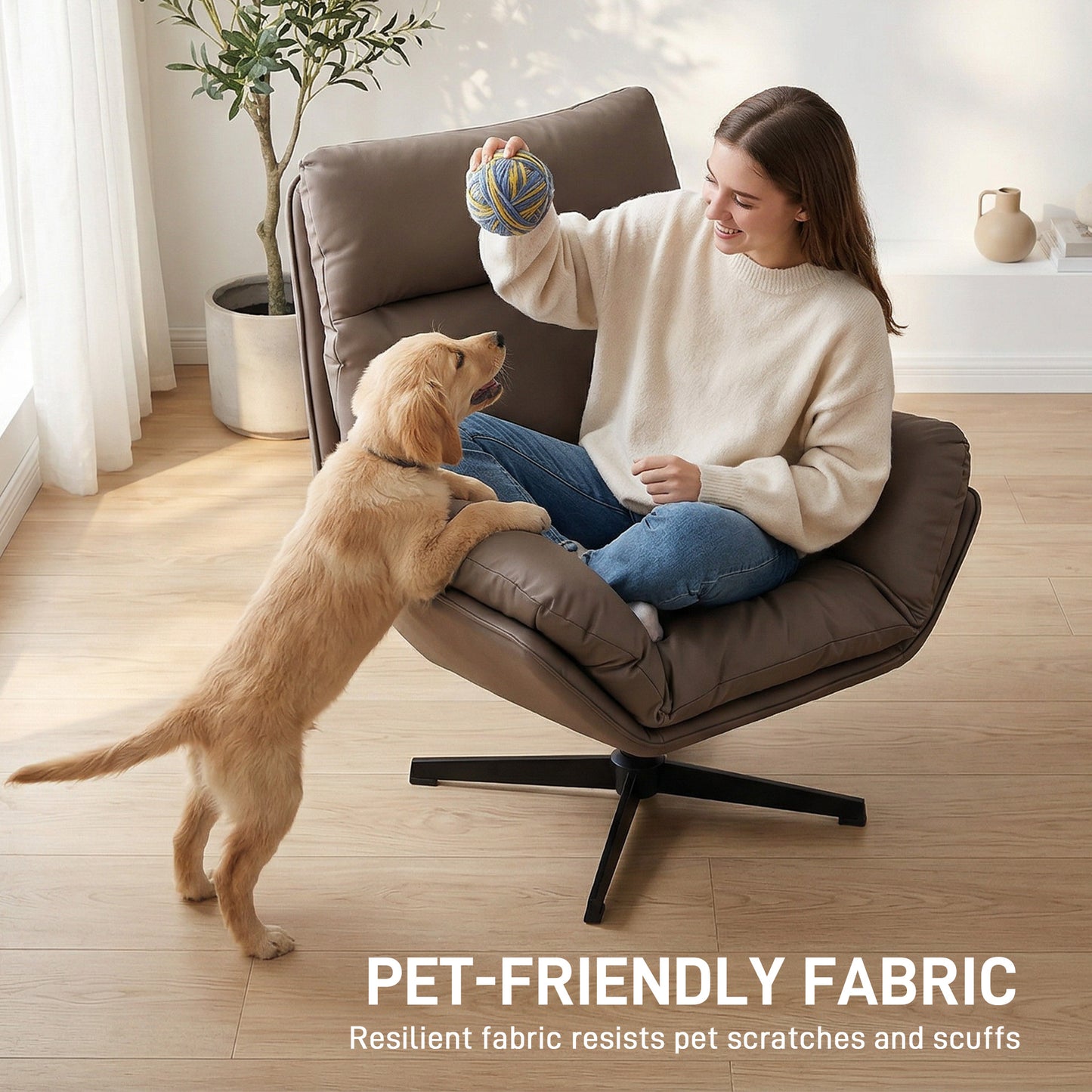 HOMCOM Accent Chair 360 Swivel Armchair For Living Room With Padded Cushion Cat Scratch Resistant Fabric Dark Brown