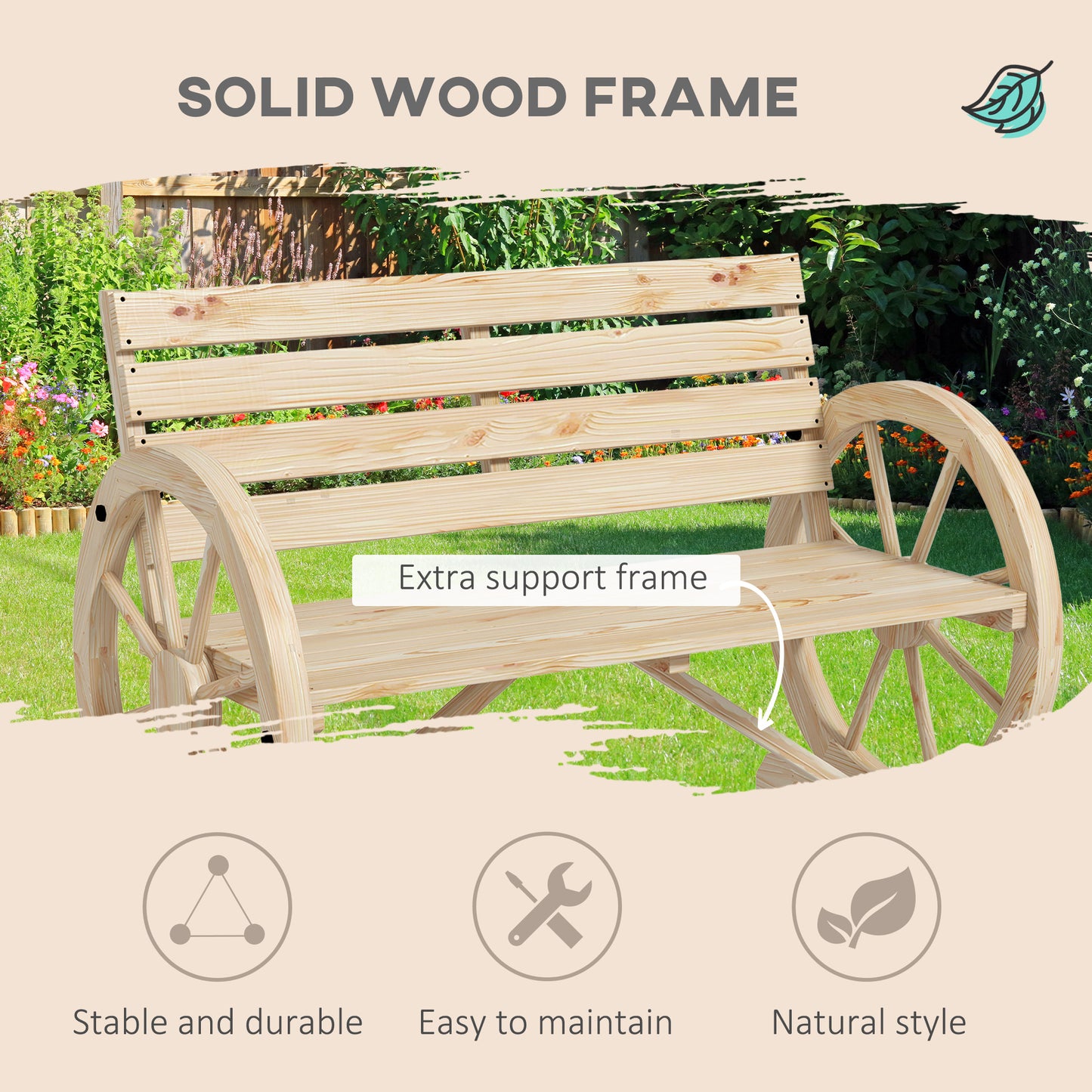 Outsunny Wagon Wheel Chair Bench With Armrests Rustic Loveseat For Outdoor Garden Patio Natural Wood Finish