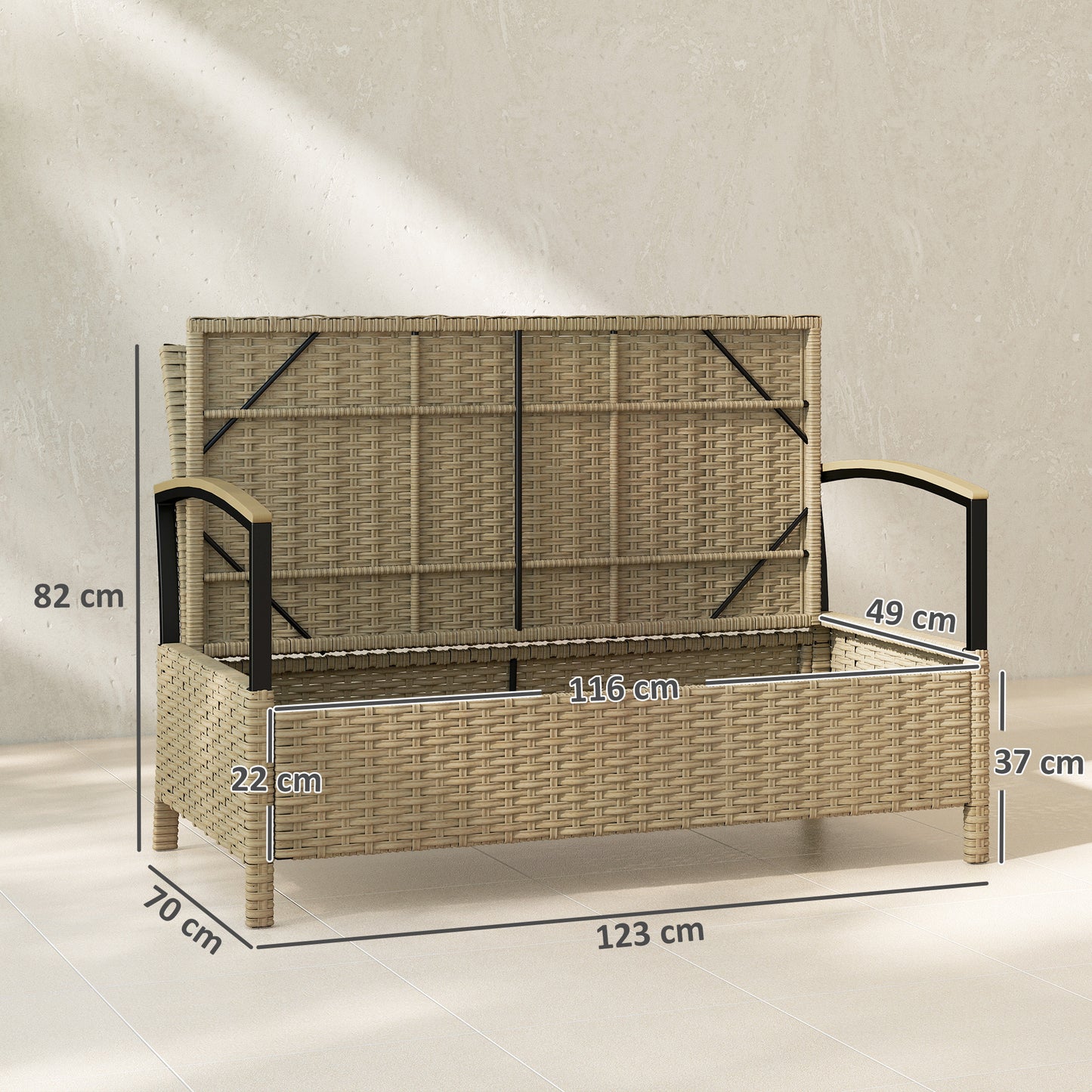 Outsunny 125L Garden Storage Bench Two Seater PE Rattan Outdoor Storage Box With Padded Cushion Khaki