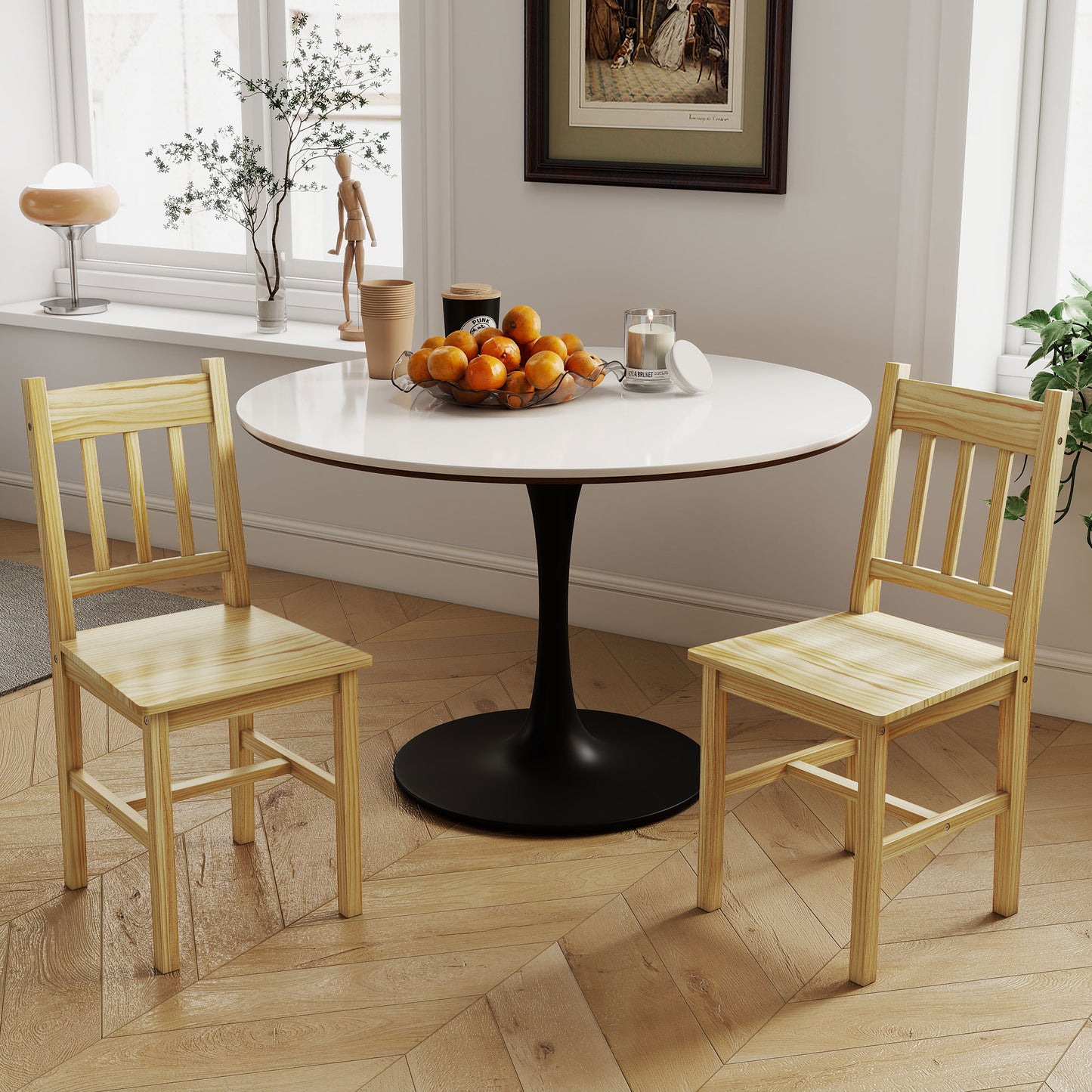 HOMCOM Dining Chairs Set of 2 Natural Pine Wood Slat Back Kitchen and Dining Room Chairs