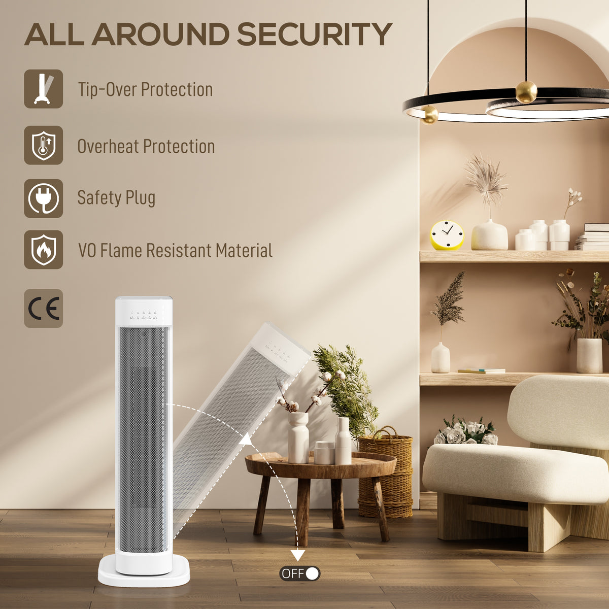 White ceramic tower heater showing safety protections with visible power off control