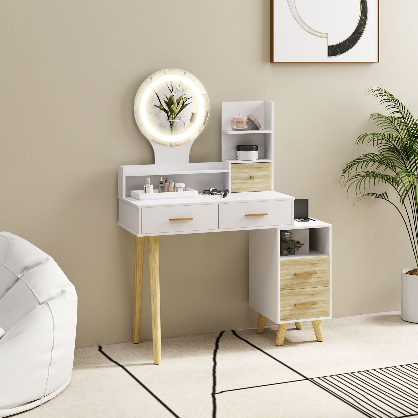 HOMCOM White Elegant Dressing Table With Ample Storage And LED Round Mirror Vanity Desk For Makeup