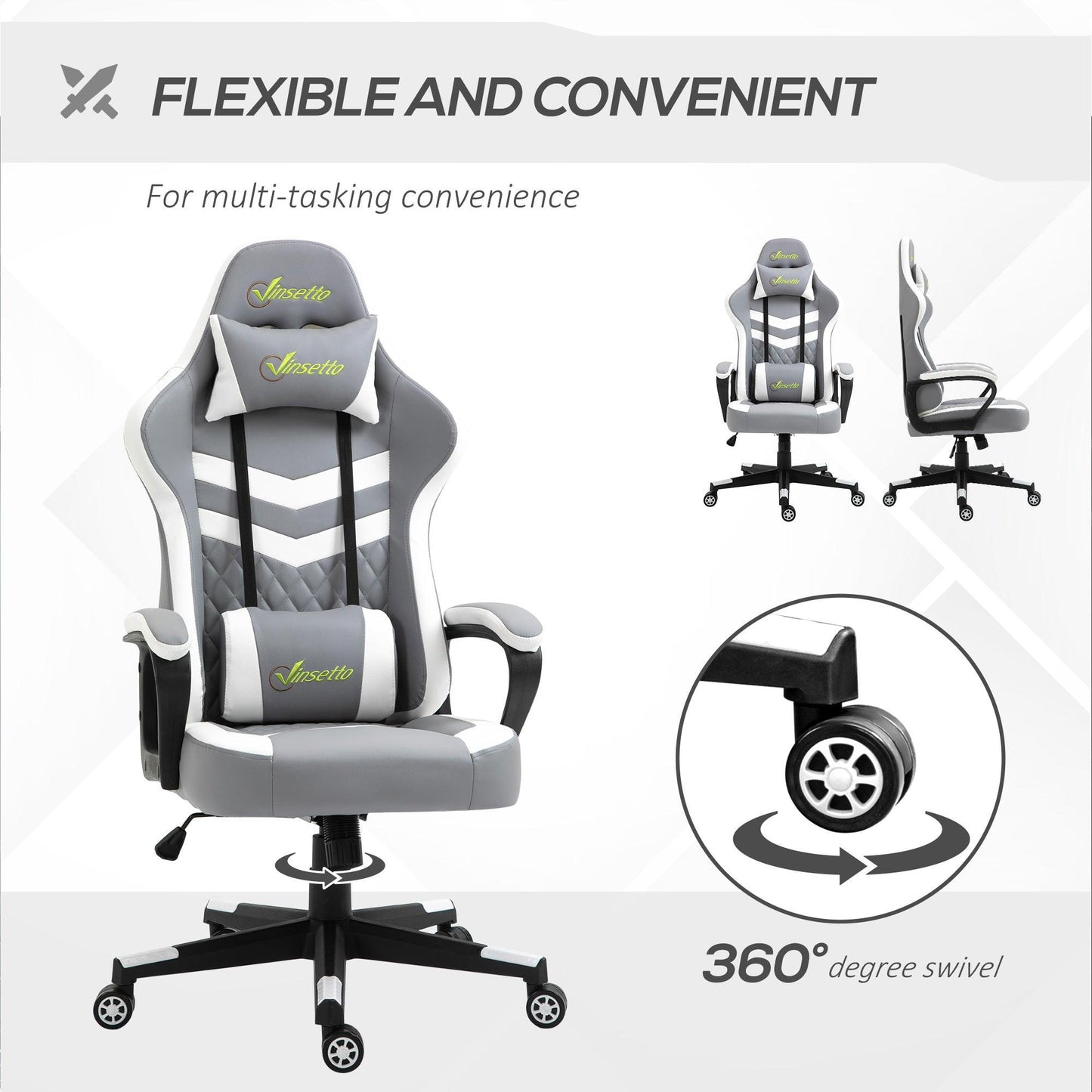 Vinsetto Racing Gaming Chair with Lumbar Support and Swivel Wheels in Grey White - ALL4U RETAILER LTD