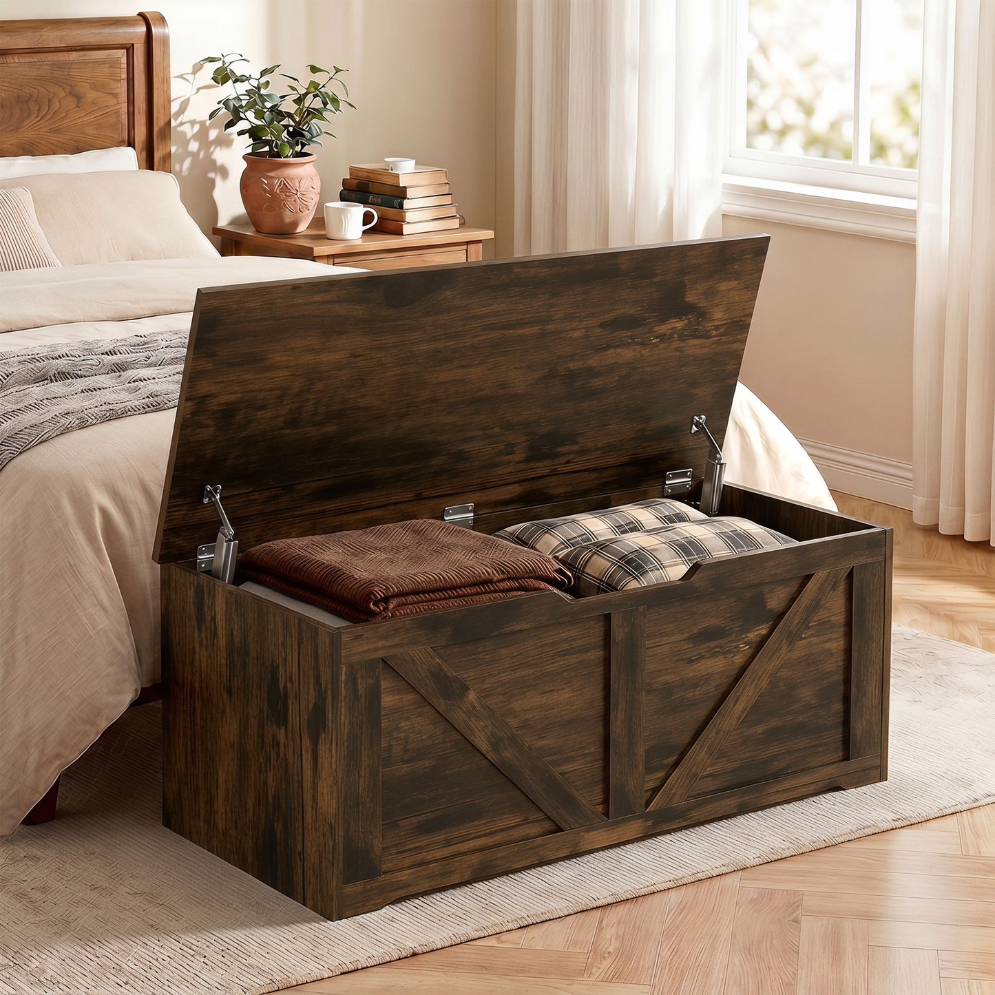 HOMCOM 127L Storage Trunk With Safety Hinges Rustic Brown Wood Effect Bench Seat