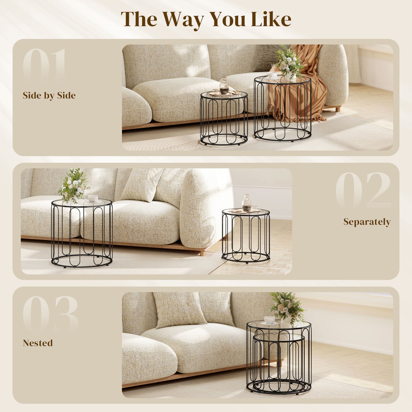 HOMCOM Elliptical Cutout Nesting Tables Black Glass Top With Metal Ring Frame Two Piece Set
