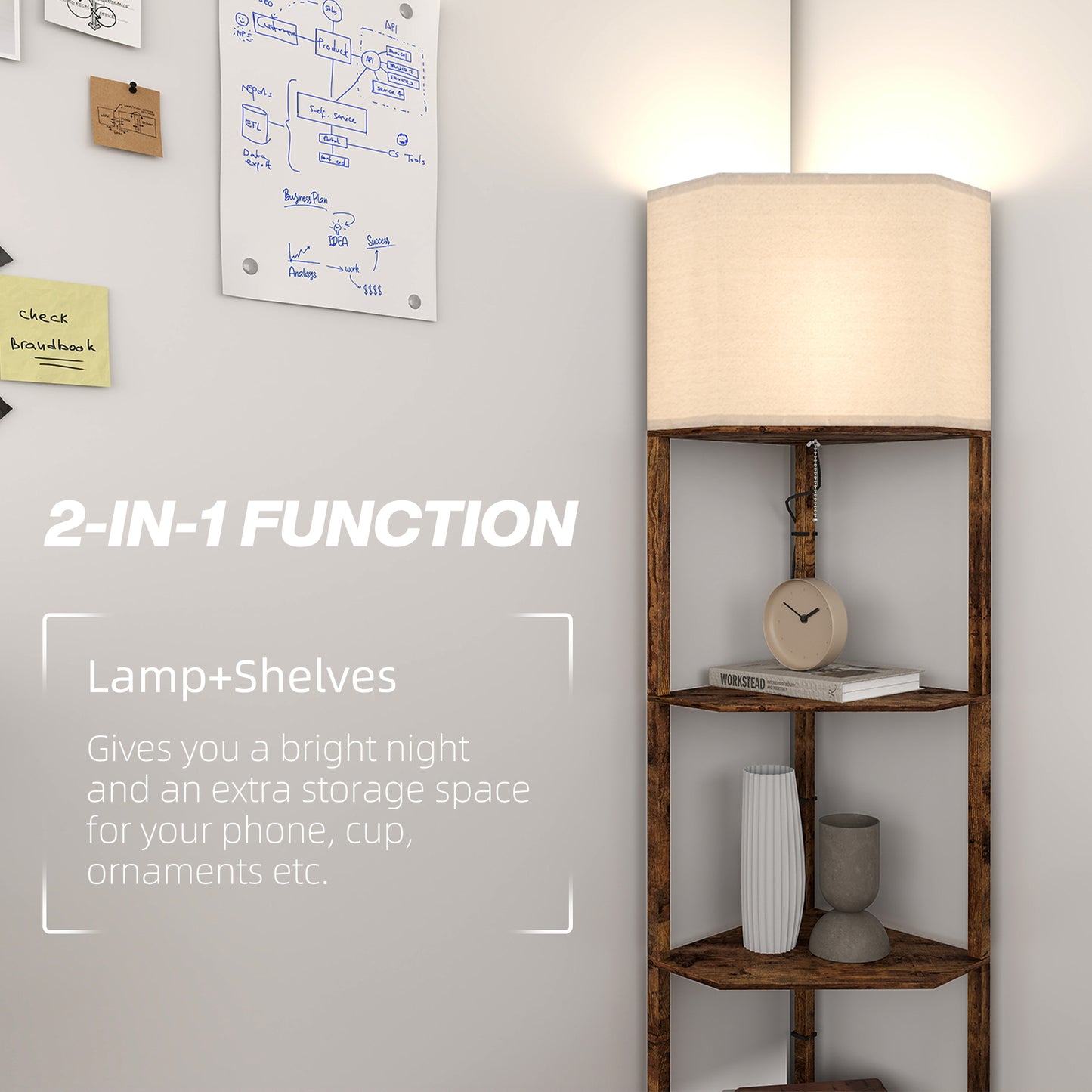 HOMCOM Corner Floor Lamp With Shelves Triangle Wood Effect Design Pull Chain Top Light Soft Fabric Shade