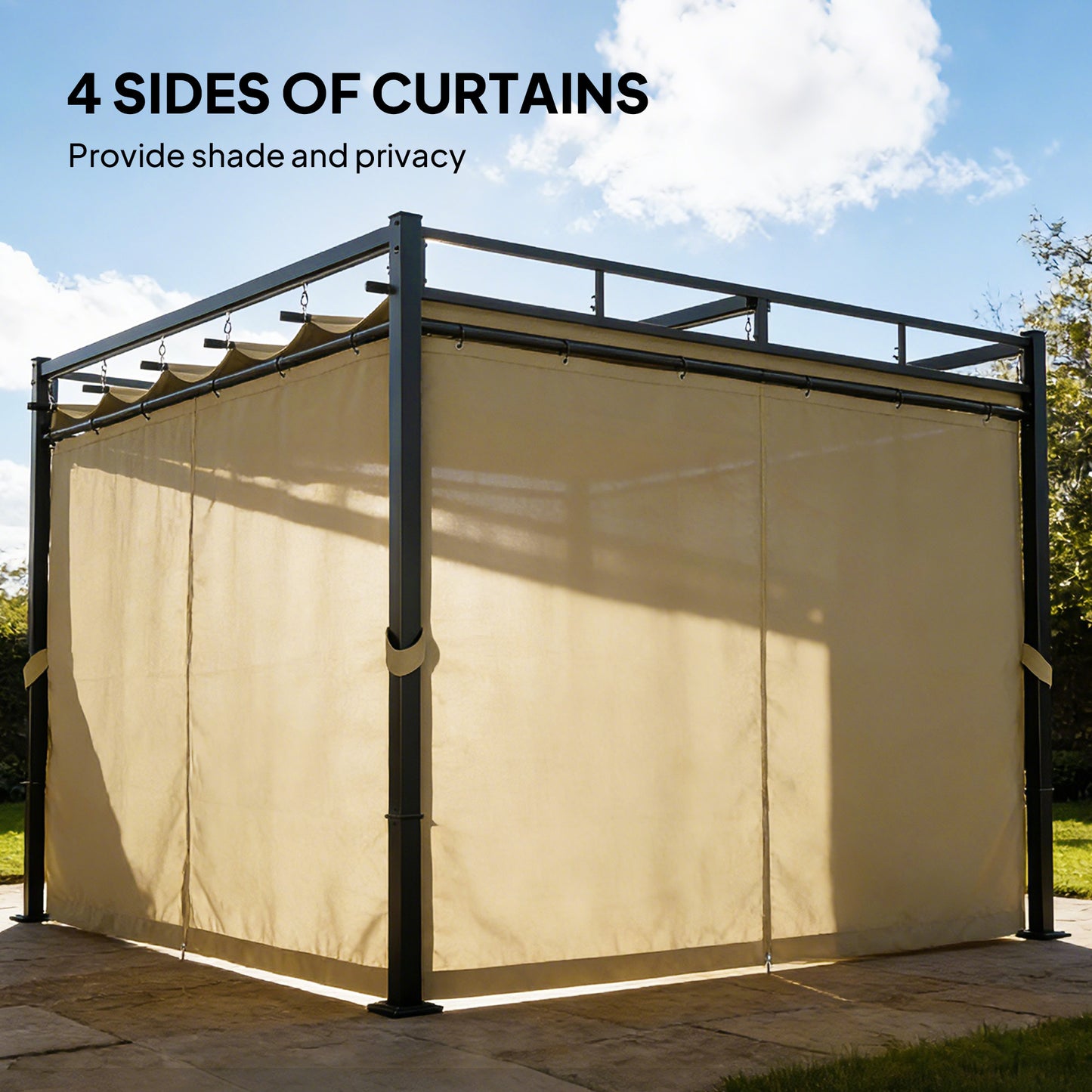 Outsunny 3x3 m Pergola with Retractable Roof Canopy and Curtains UPF30+ Metal Frame Garden Gazebo Sun Shade Khaki