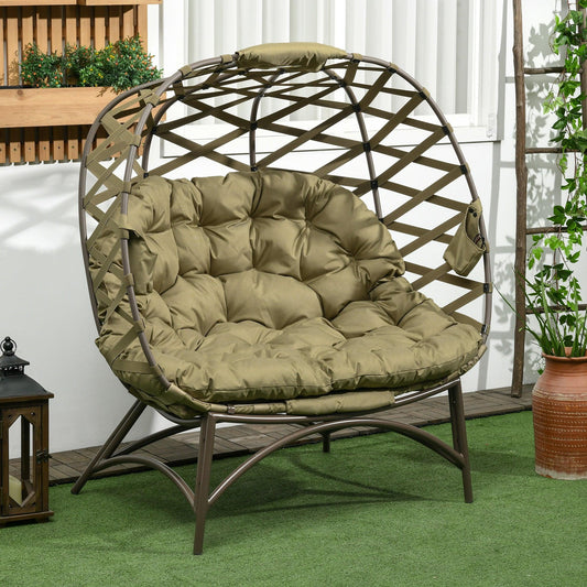Outsunny 2 Seater Egg Chair Outdoor, Folding Weave Garden Furniture Chair with Cushion, Cup Pockets - Khaki - ALL4U RETAILER LTD
