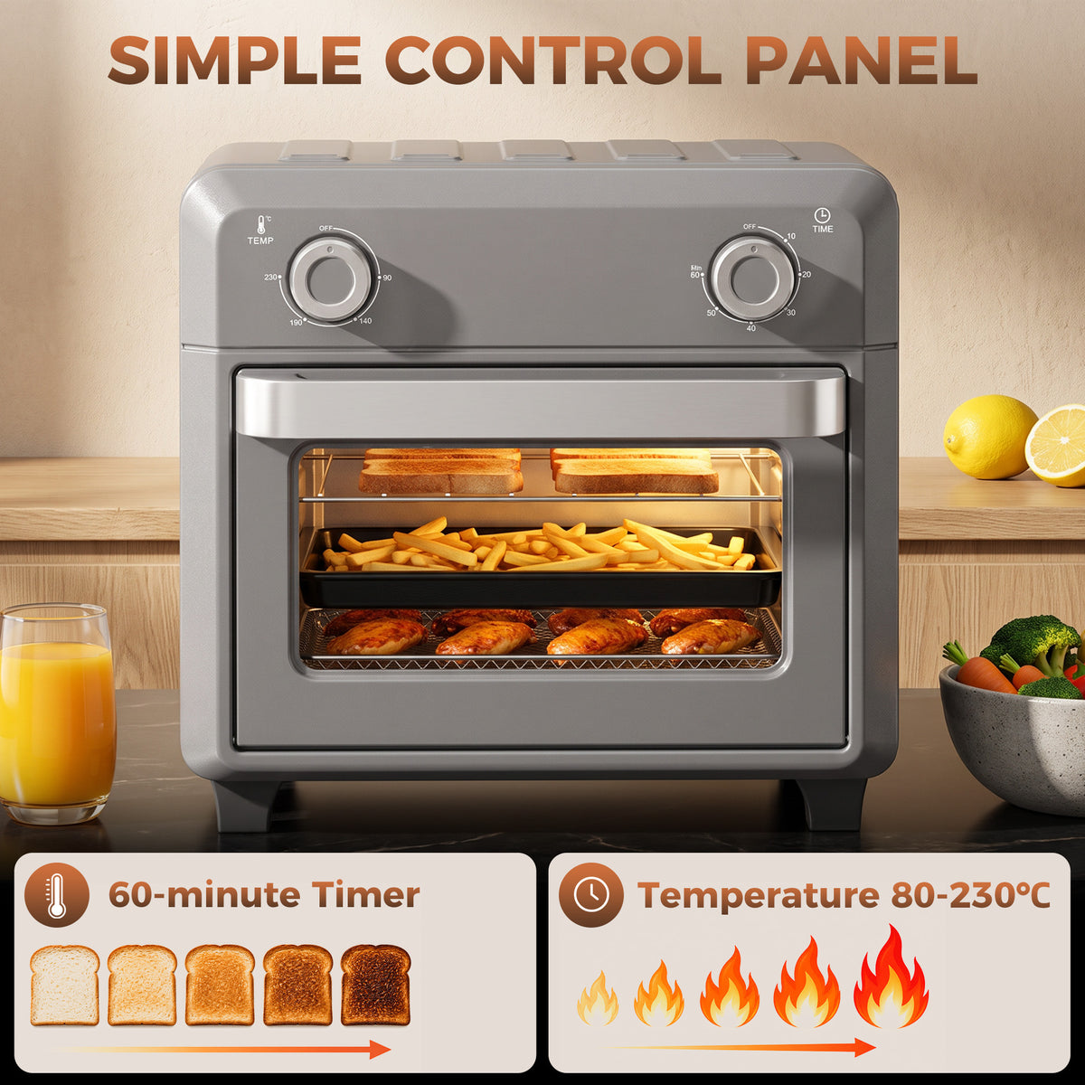 Grey air fryer oven with front control knobs and viewing window