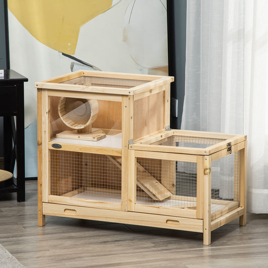 PawHut 2-Tier Wooden Hamster Habitat with Exercise Wheel and Easy-Clean Sliding Tray - ALL4U RETAILER LTD