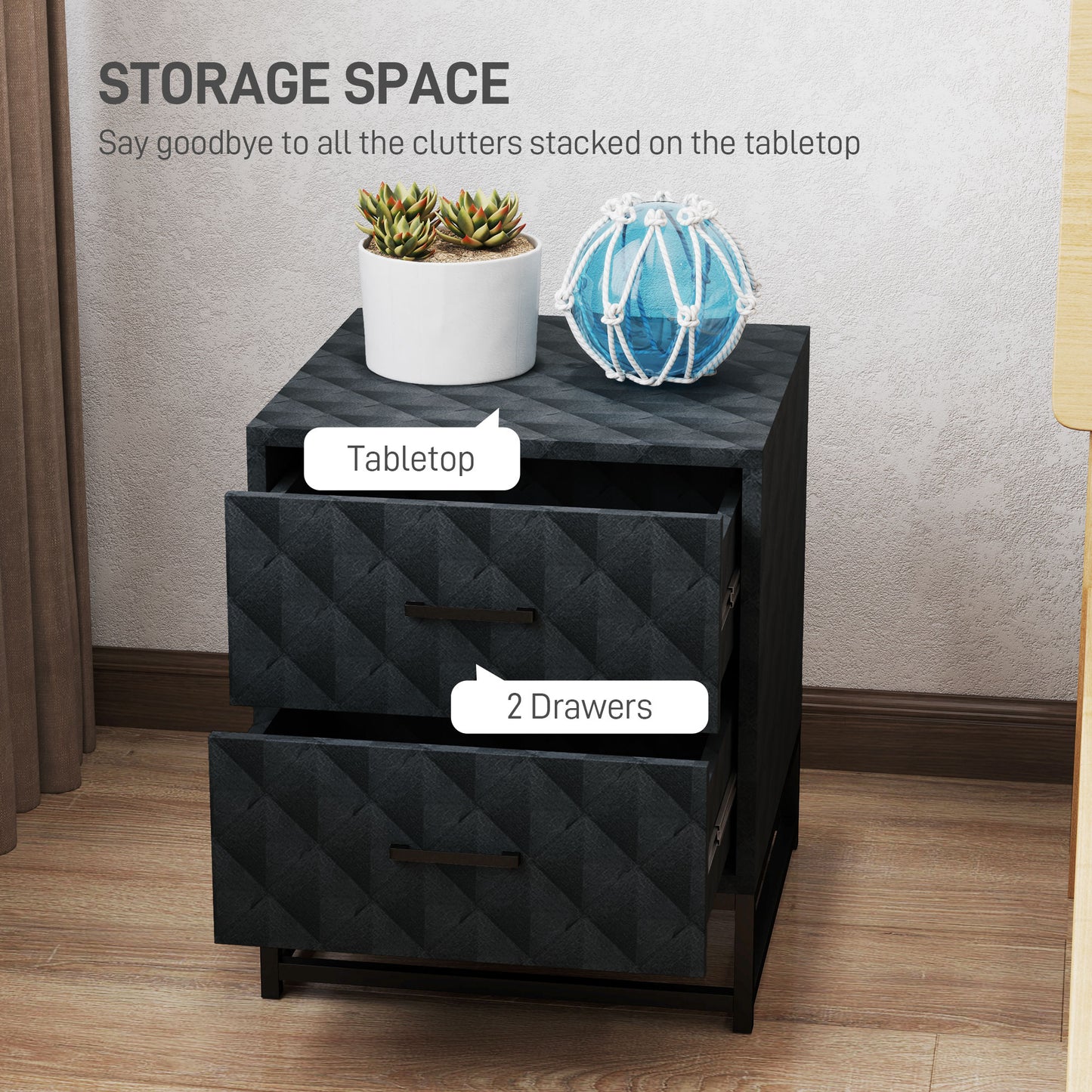 HOMCOM Bedside Tables Set of 2 Modern Nightstands With 2 Drawers Diamond Pattern Veneer Black Steel Legs