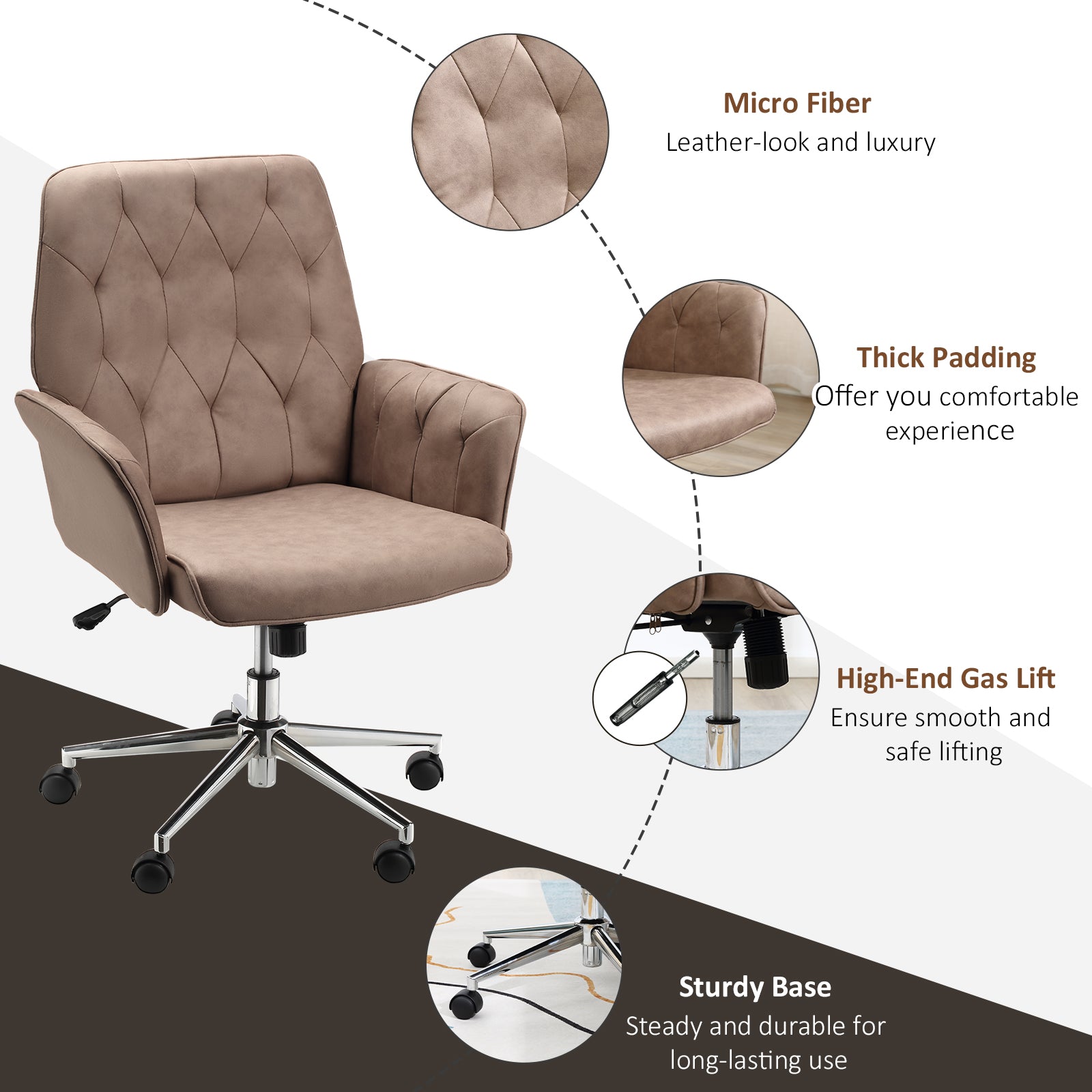 Vinsetto Stylish Mid Back Swivel Office Chair with Adjustable Height and Armrests - Coffee - ALL4U RETAILER LTD