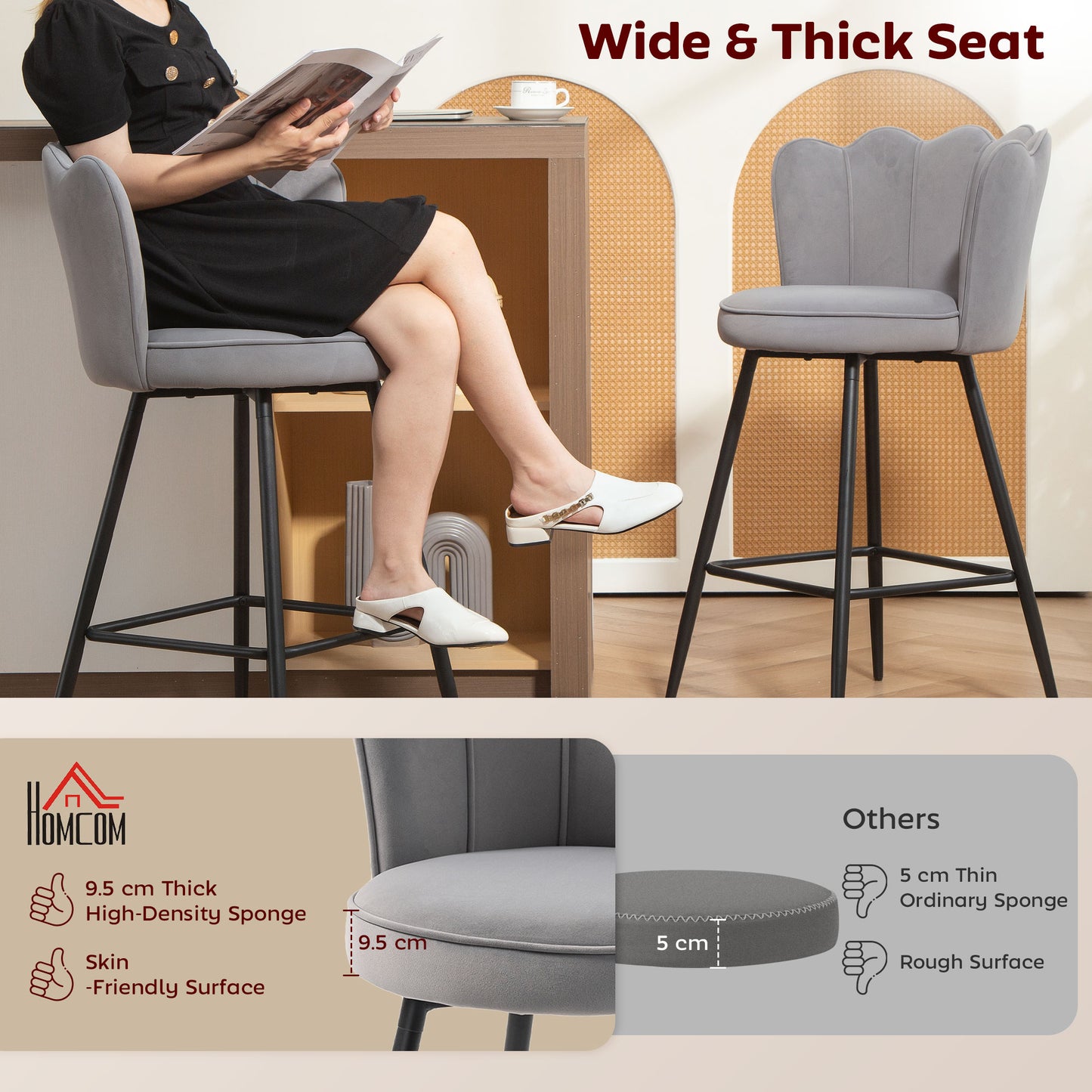 HOMCOM Set Of Two VelvetFeel Lotus Back Bar Stools Grey With HighDensity Foam And Steel Frame