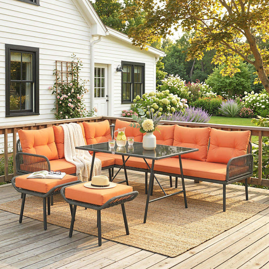 Outsunny 6 Piece Rattan Garden Furniture Set 8 Seater With Corner Sofa Cushions And Glass Top Table Orange