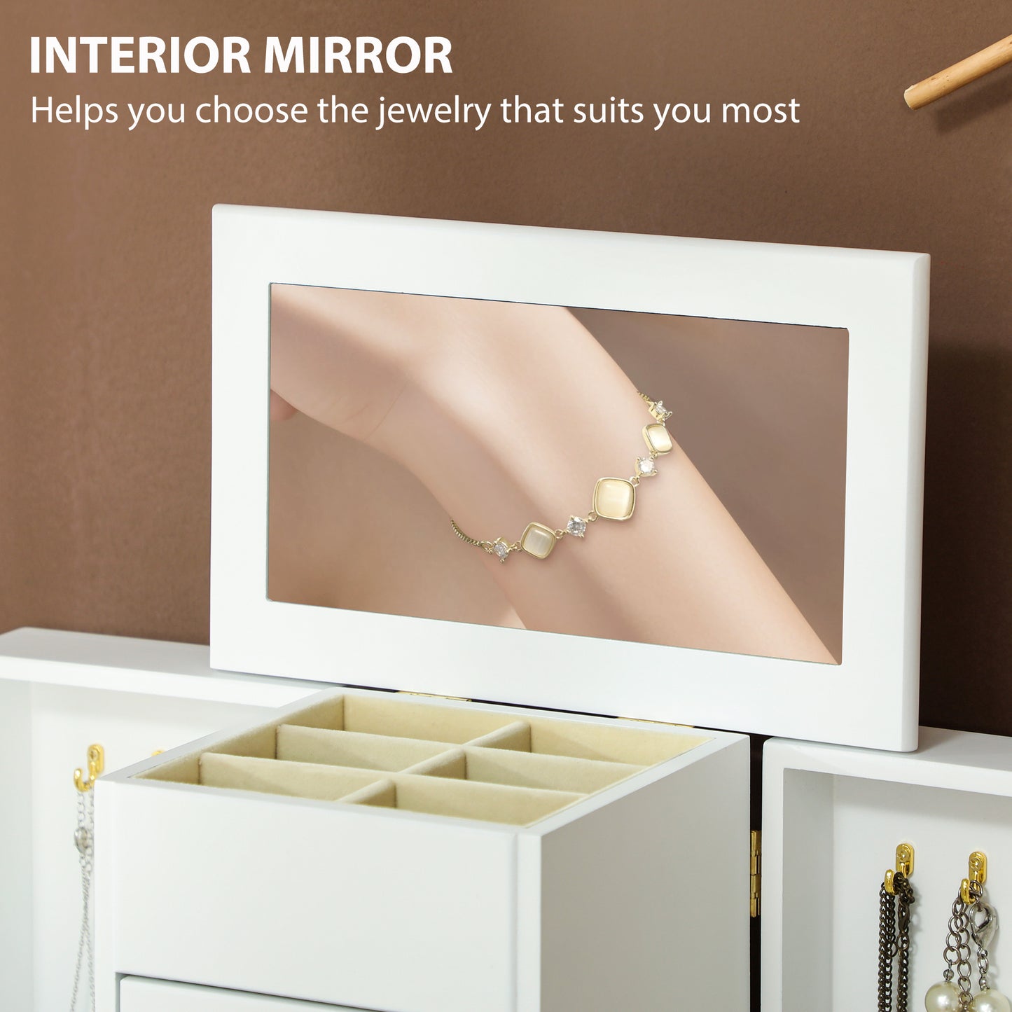 HOMCOM 4 Tier Jewellery Box With Mirror And 2 Drawers White For Ring Earrings Necklace Storage Organiser