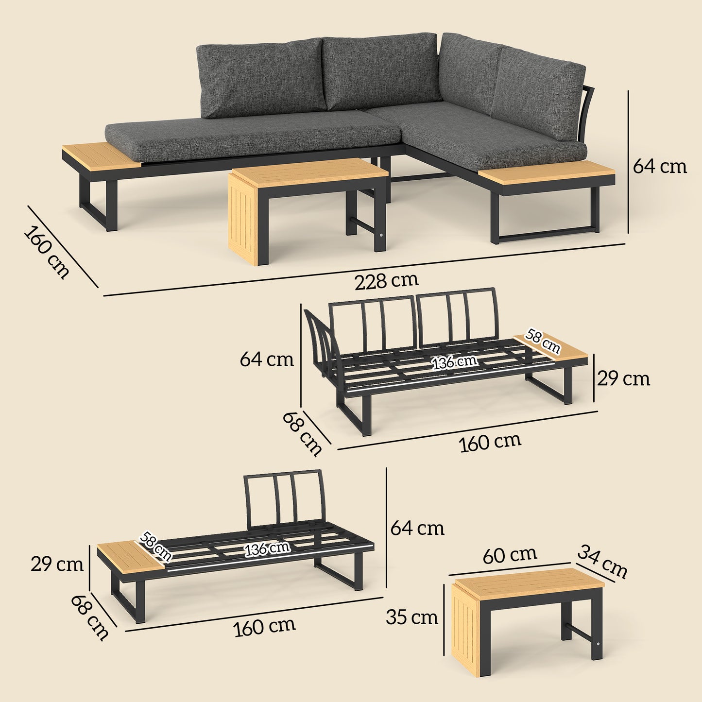 Outsunny 4 Seater Aluminium Sectional Garden Furniture Set With 2 Loveseats And Wood Plastic Coffee Table Natural Wood