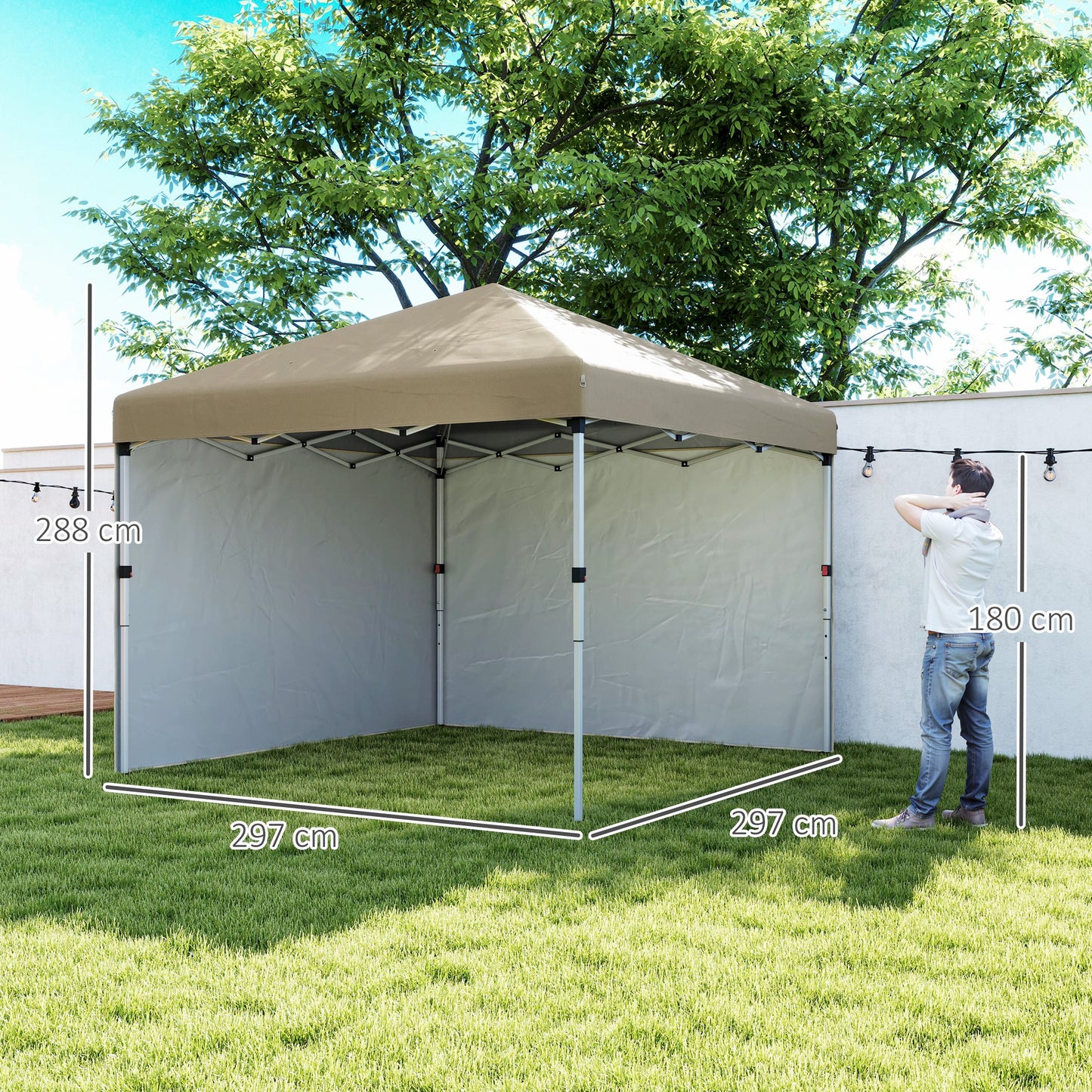 Outsunny 3x3 Pop Up Gazebo M Height Adjustable UPF 30+ With 2 Sidewalls Leg Weight Bags Wheeled Bag Khaki