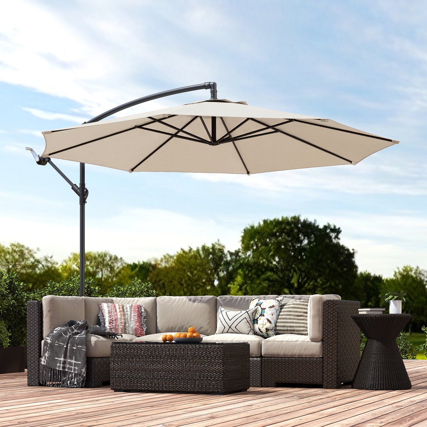 Outsunny 3 m Overhanging Cantilever Parasol With Cross Base Cream White UV Resistant Patio Umbrella