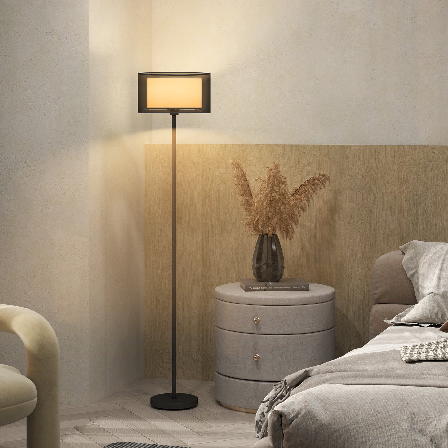 HOMCOM Floor Lamp For Living Room And Office With Double Layer Shade And Foot Switch, Minimalist Tall Pole Black