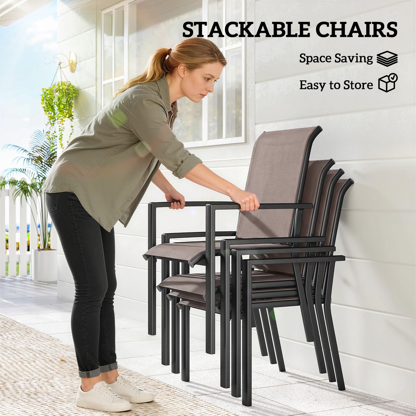 Outsunny 5 Piece Outdoor Dining Set For 4 With Garden Table And Stackable Chairs Breathable Mesh Seats Grey And Khaki