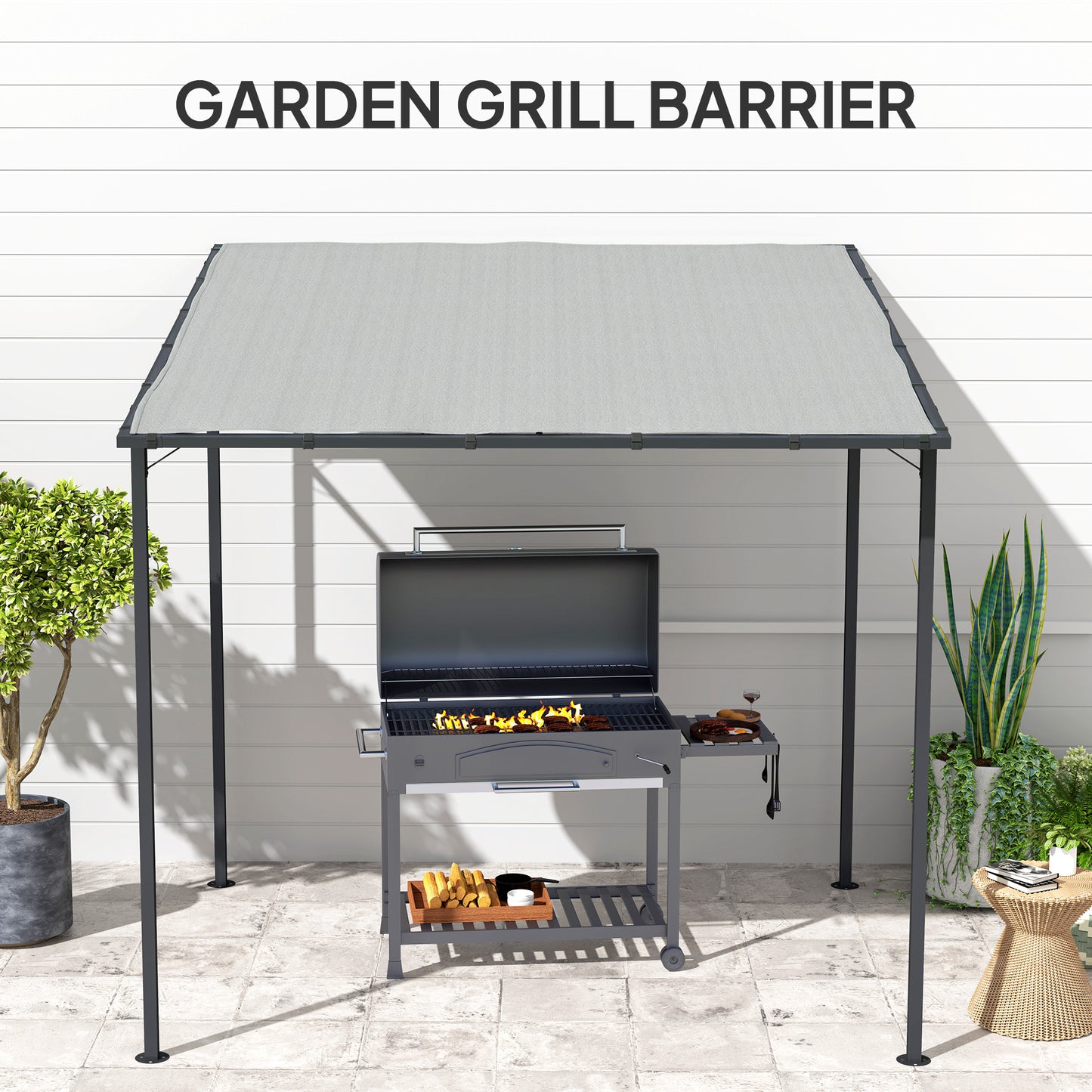 Outsunny 2.4 by 2.4 m Wall Mounted Pergola Gazebo with PA Coated Fabric and UPF 30 Metal Frame Lean To Light Grey