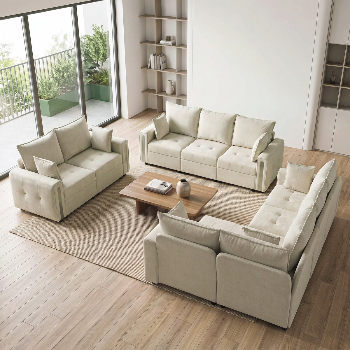Beige velvet 2-seater loveseat set arrangement in a bright modern room.