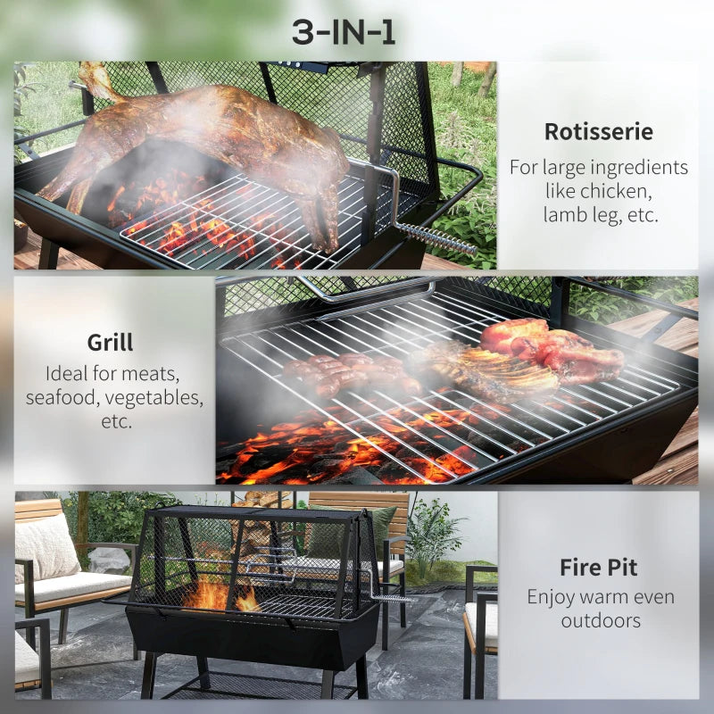 Outsunny 3-in-1 Barbecue Grill, Rotisserie Roaster, Fire Pit Combo with Cover - Versatile Outdoor Cooking Solution for Grilling, Roasting, and Relaxing - ALL4U RETAILER LTD